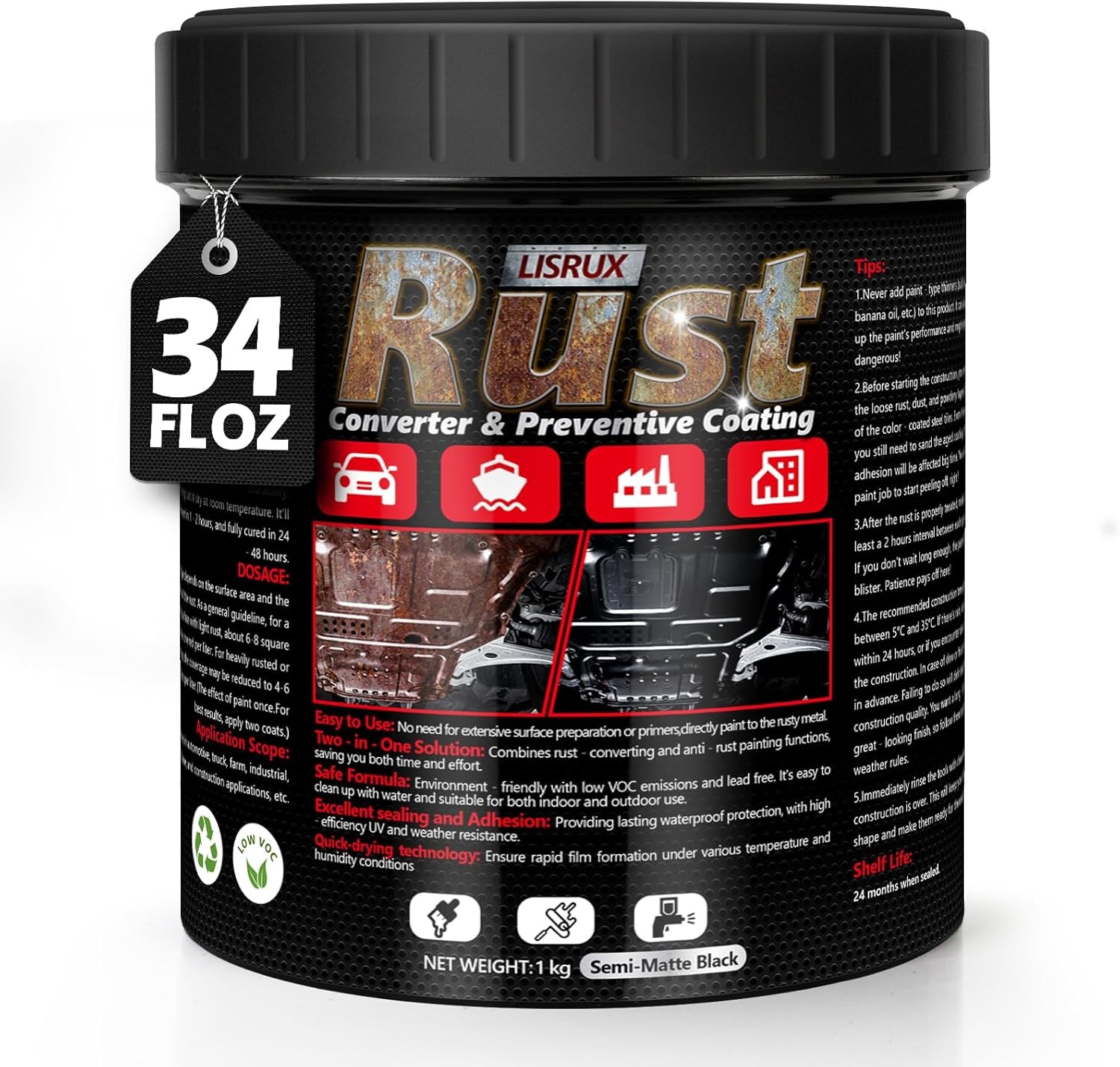 4-in-1 Rust Converter & Metal Primer, 34 Fl Oz Black Rust Inhibitor Paint for Me