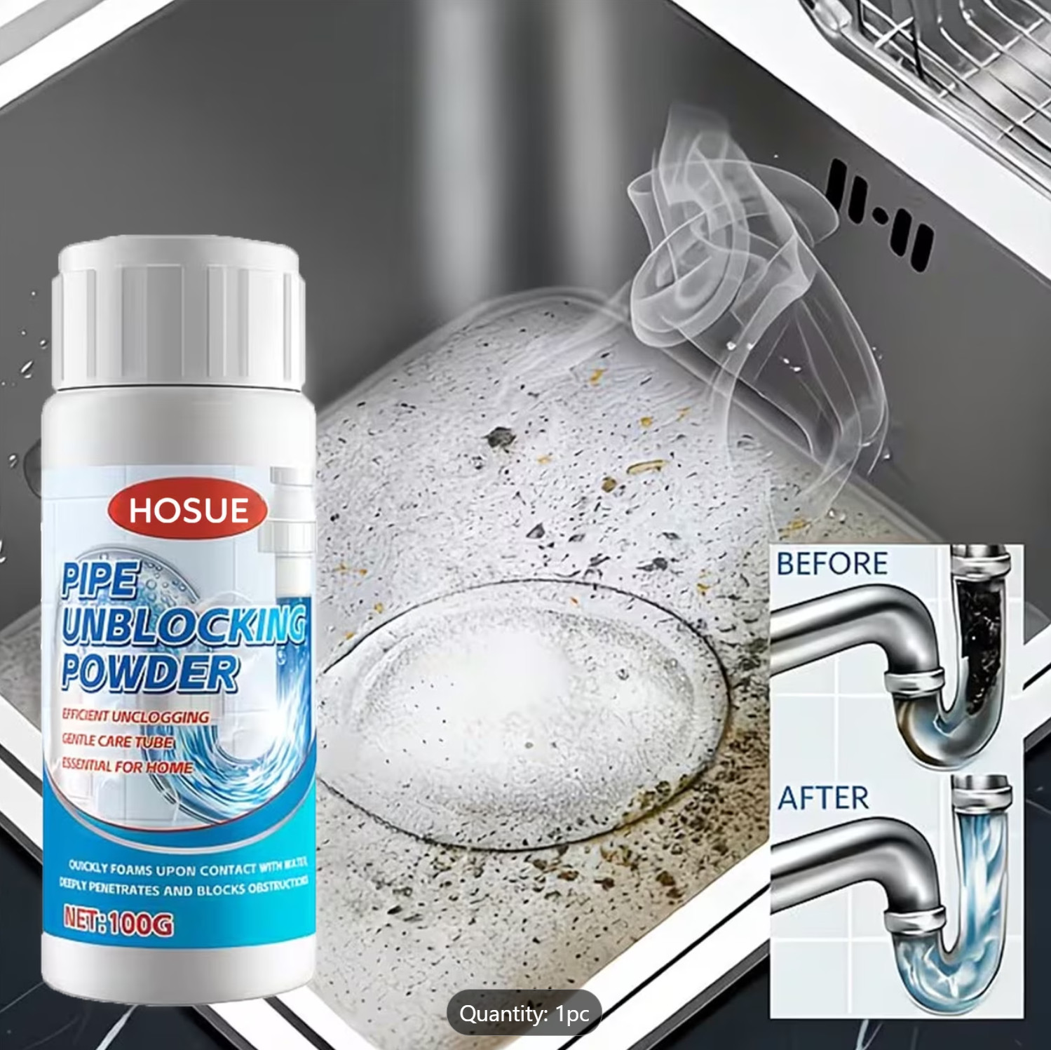 HOSUE Odorless Drain Clog Remover | Safe for Pipes | Dissolves Hair Grease Waste