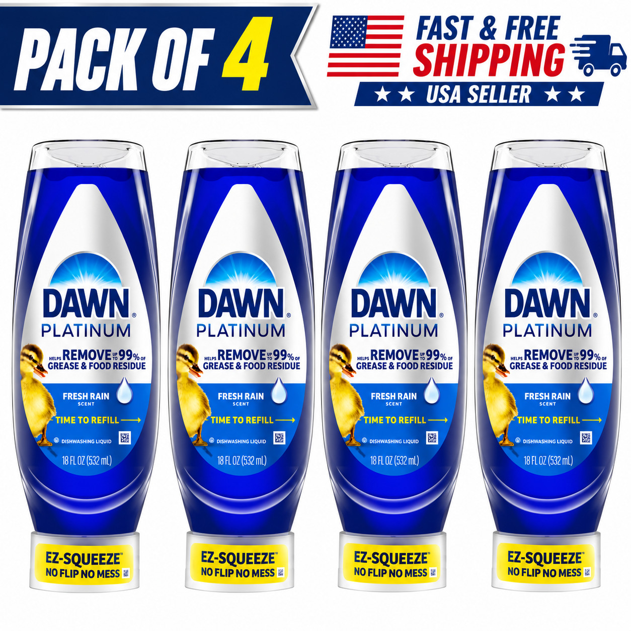 Dawn Platinum EZ Squeeze Dishwashing Liquid Fresh Rain Pack of 4 18 Oz each free