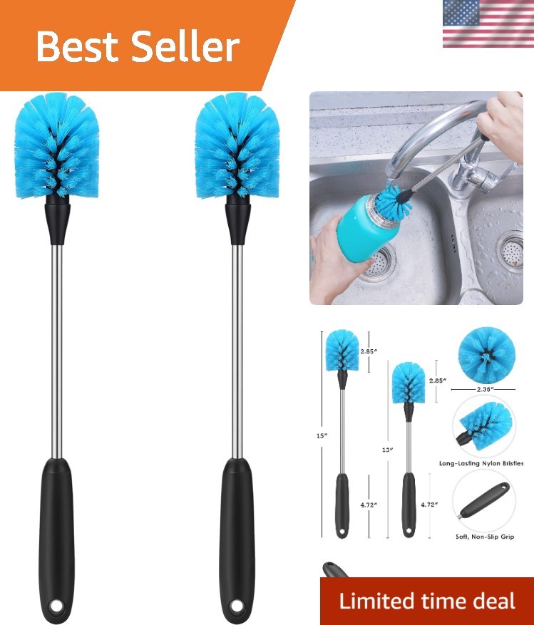 Non-Slip Grip Stainless Steel Brush for Water Bottles & Glassware – 15” Long