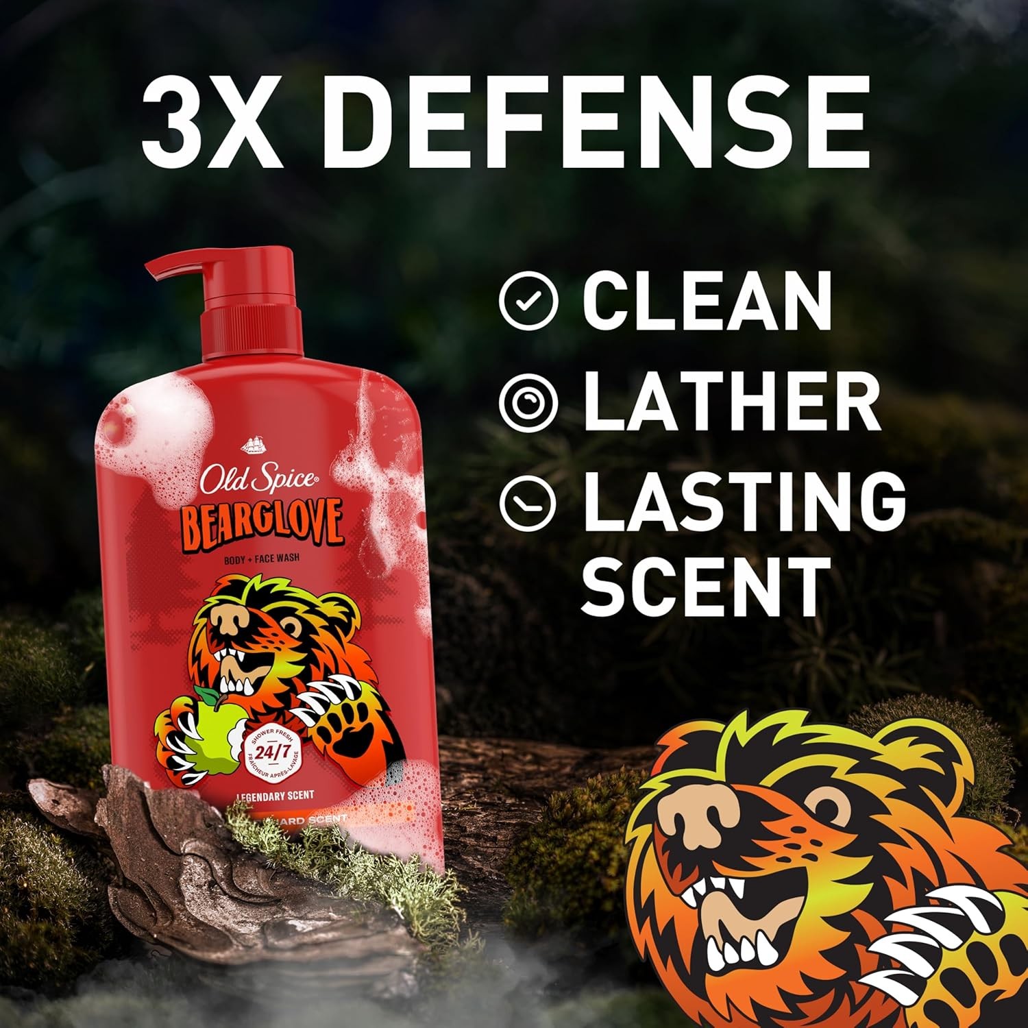 Old Spice Cleansing Body Wash for Men, 3X Defense, 24/7 Shower Fresh with Last