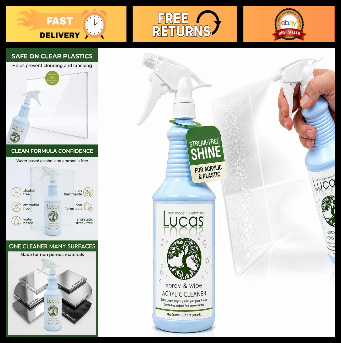 Acrylic & Plastic Cleaner Spray – Streak-Free for Plexiglass, Glass, Mirrors & M