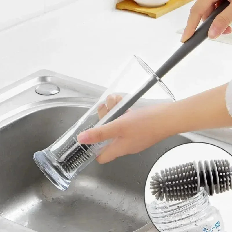 Silicone Milk Bottle Brush Cup Scrubber Glass Cleaner Kitchen Cleaning Tool Long
