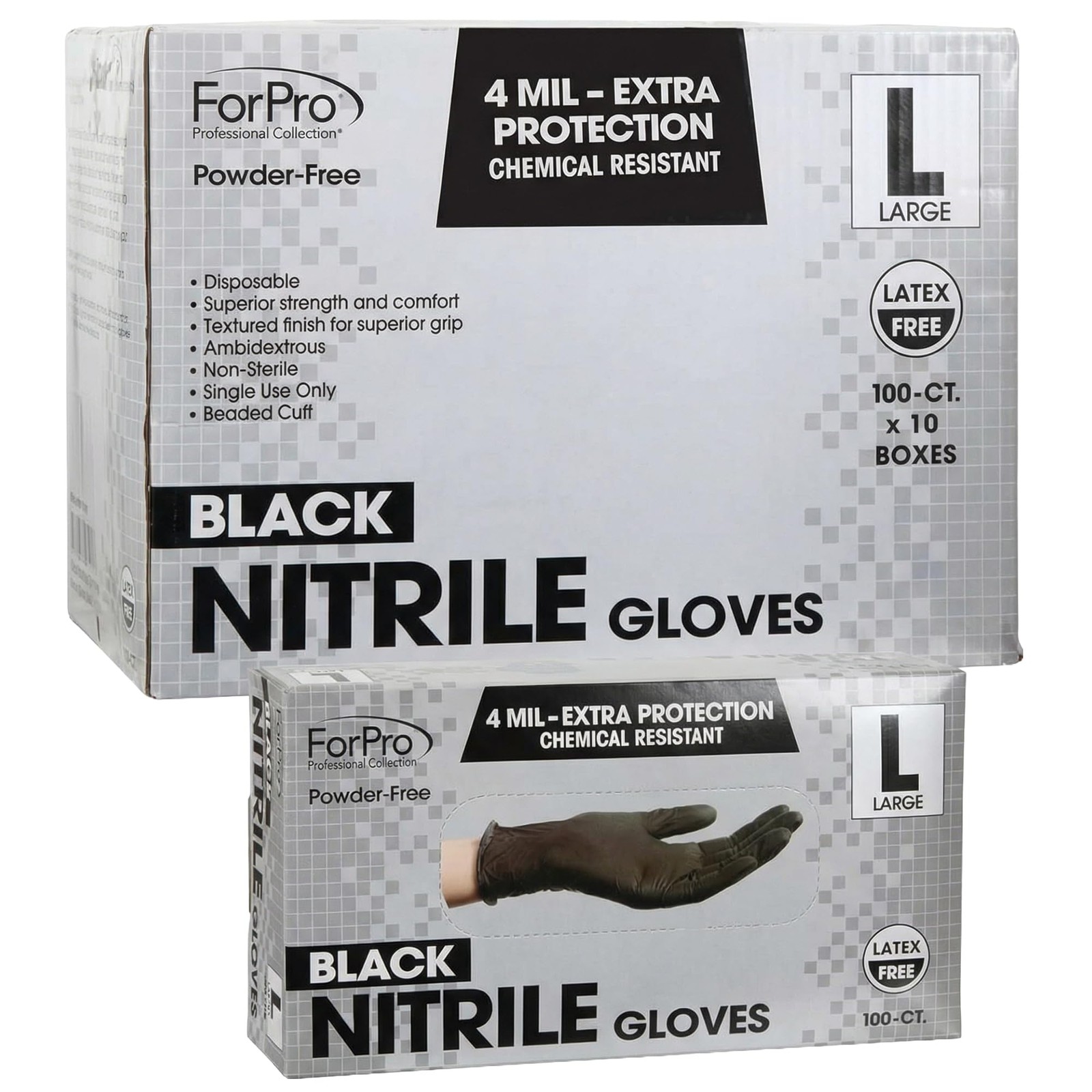 ForPro Disposable Nitrile Gloves, Chemical Large (Pack of 1000), Black