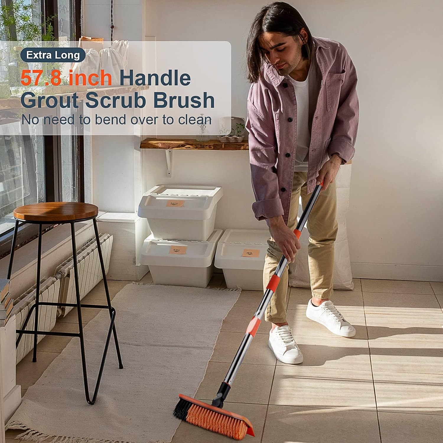 2-in-1 floor cleaning brush and tile grout brush, V-shaped corner brush (orange)