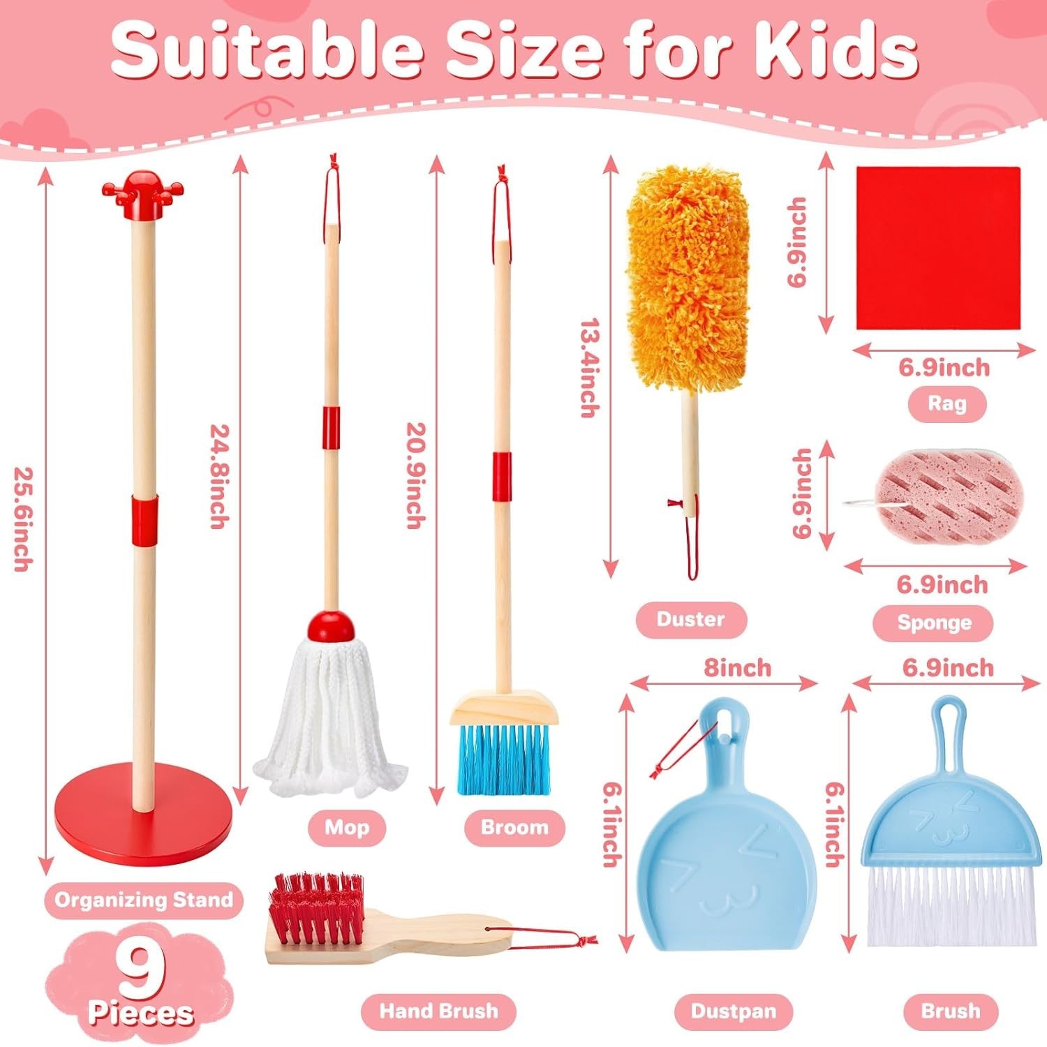 Kids Cleaning Toy Set Wooden Broom and Dustpan 9 Piece Playhouse Housekeeping