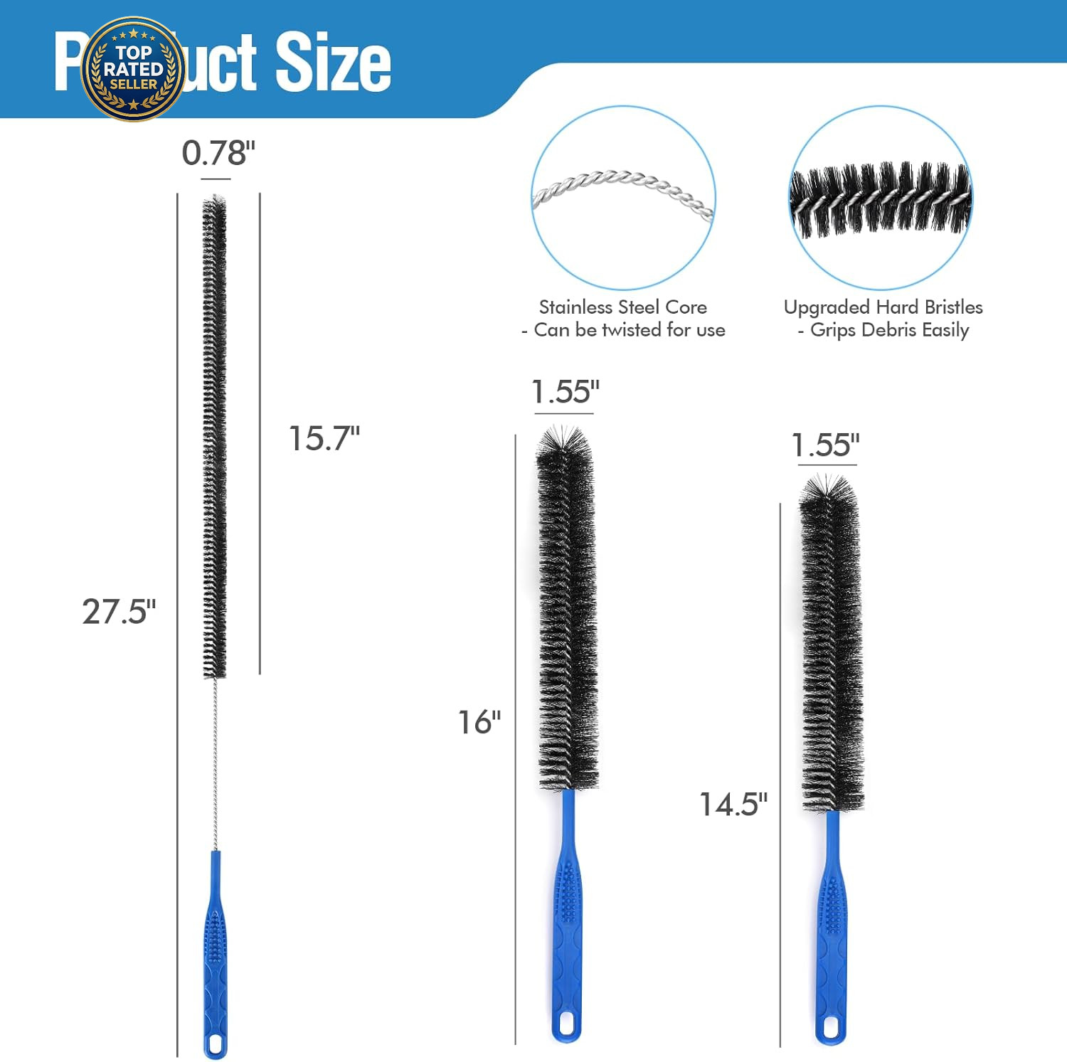 3PCS Drain Brush Set with Refrigerator Coil Cleaning Brush, Multi-Use Drain Clea