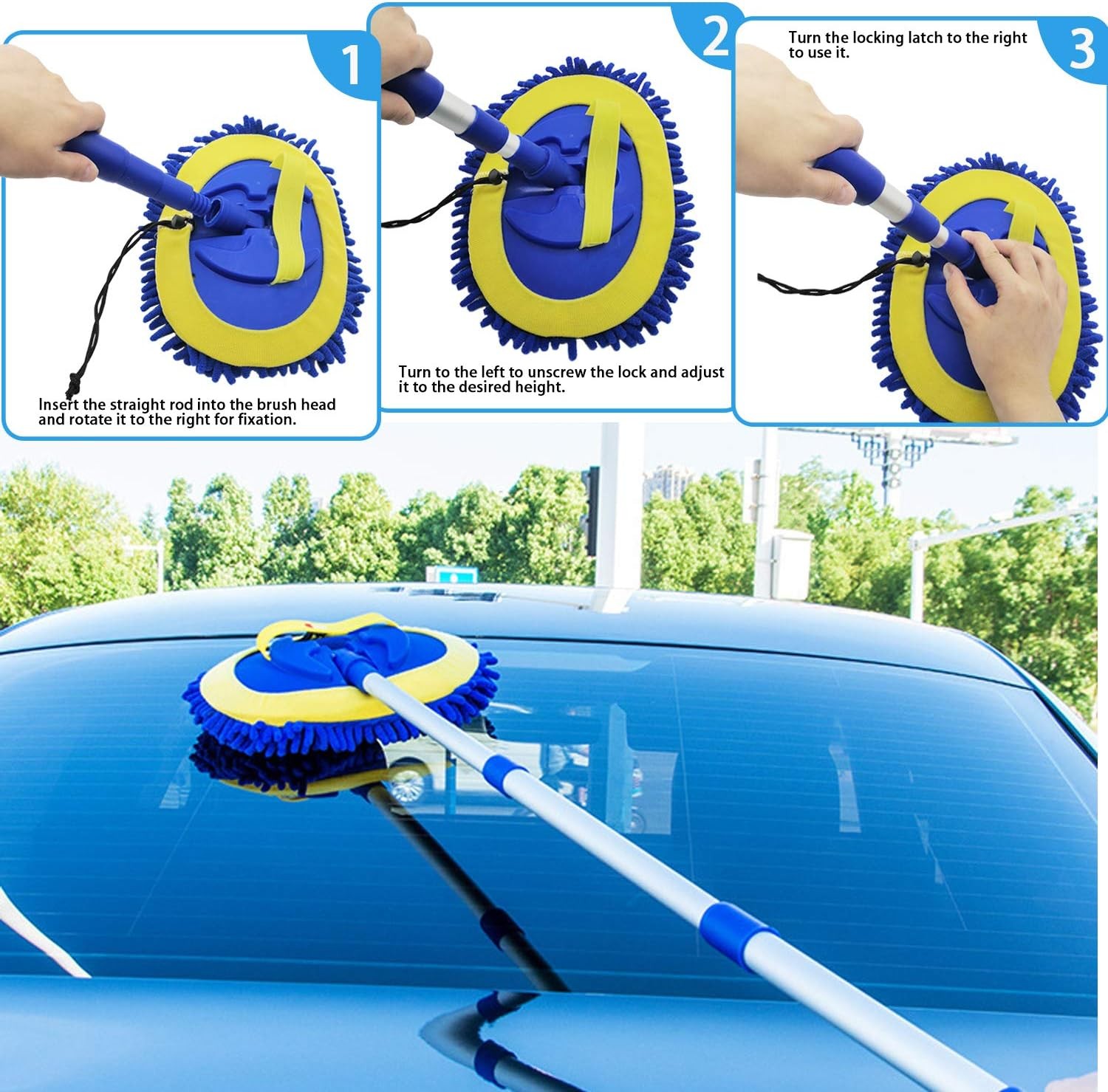 1 Microfiber Car Wash Mop Mitt ” Aluminum Alloy Long Handle, Chenille Car