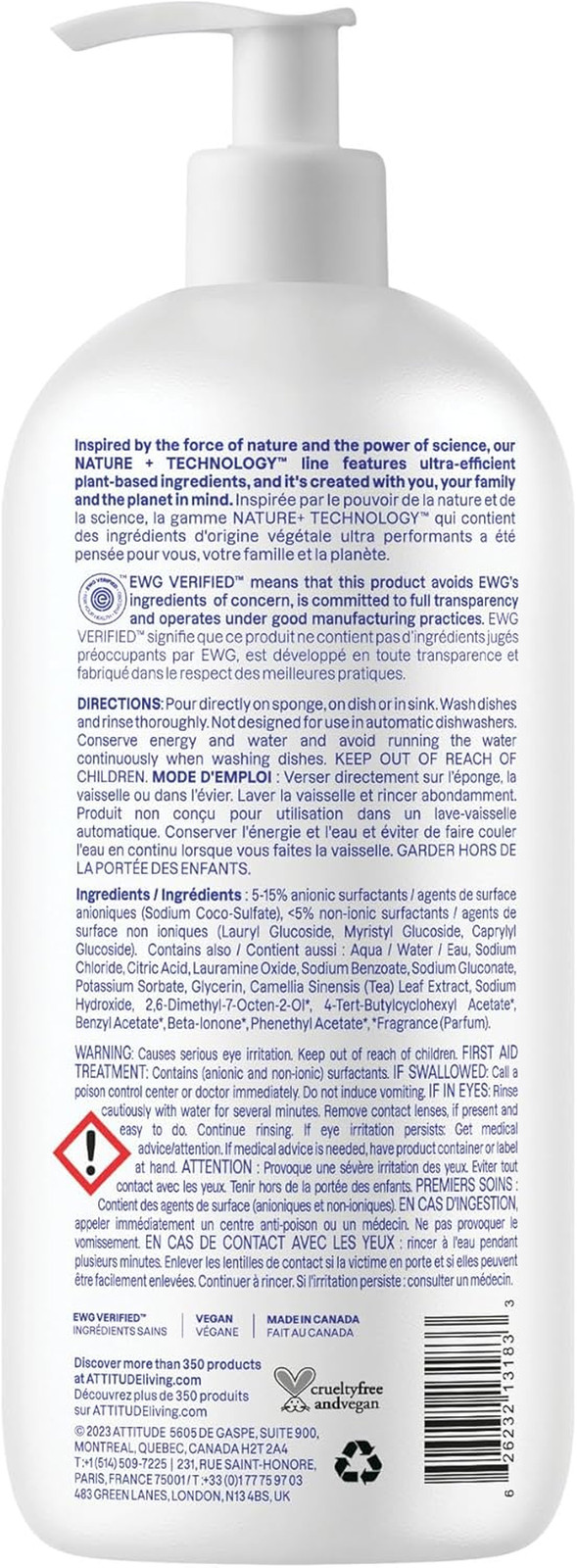ATTITUDE Dish Soap, EWG Verified, Plant-Based & Vegan Dishwashing Liquid