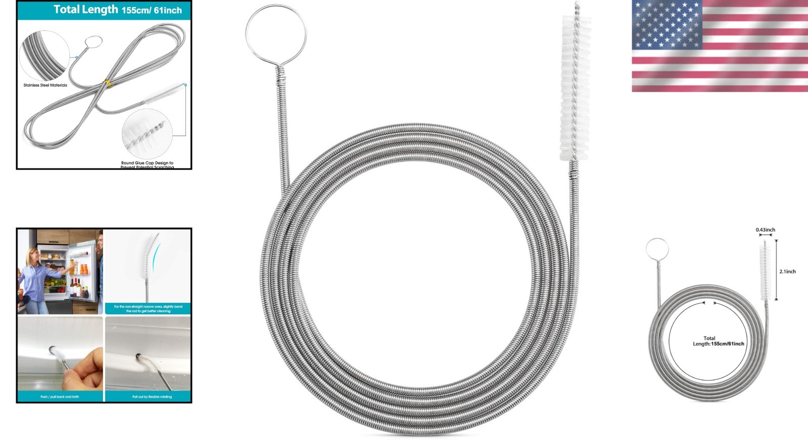 61 Inch Flexible Drain Brush with Scratch-Free Bristles for Safe Pipe Cleaning