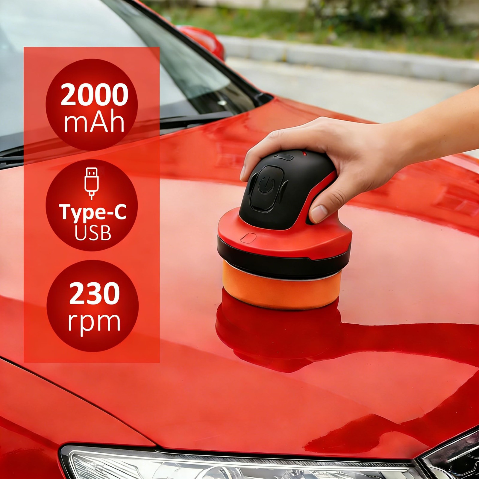 Cordless Car Polisher 230 RPM, USB Rechargeable Auto Buffer with 2000mAh Batt…