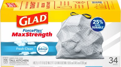 ForceFlex Tall Kitchen Bags,Drawstring Closure,Fresh Clean Scent,13 Gallon,34-Ct