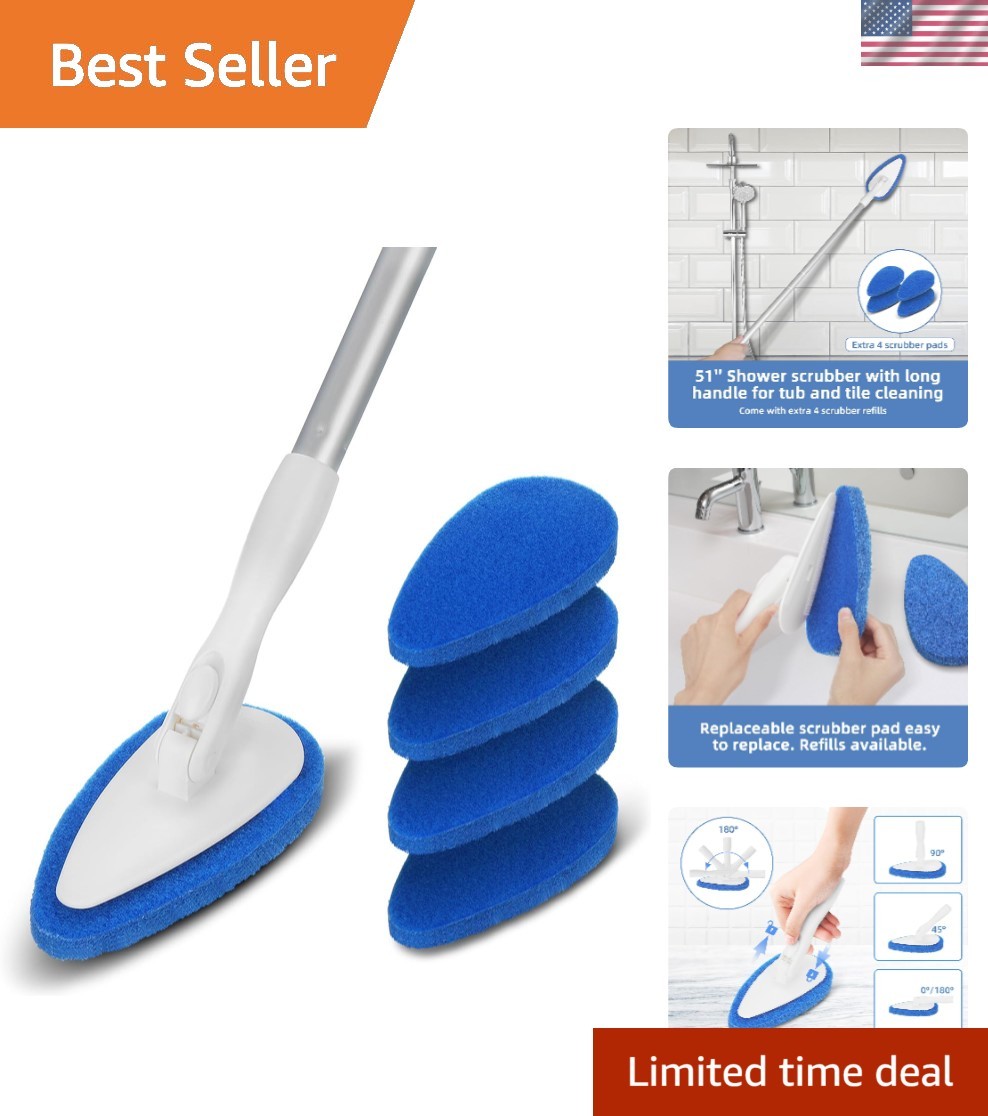 Non-Scratch Bathroom Scrubbing Brush with 5 Refillable Pads – 51-Inch Long