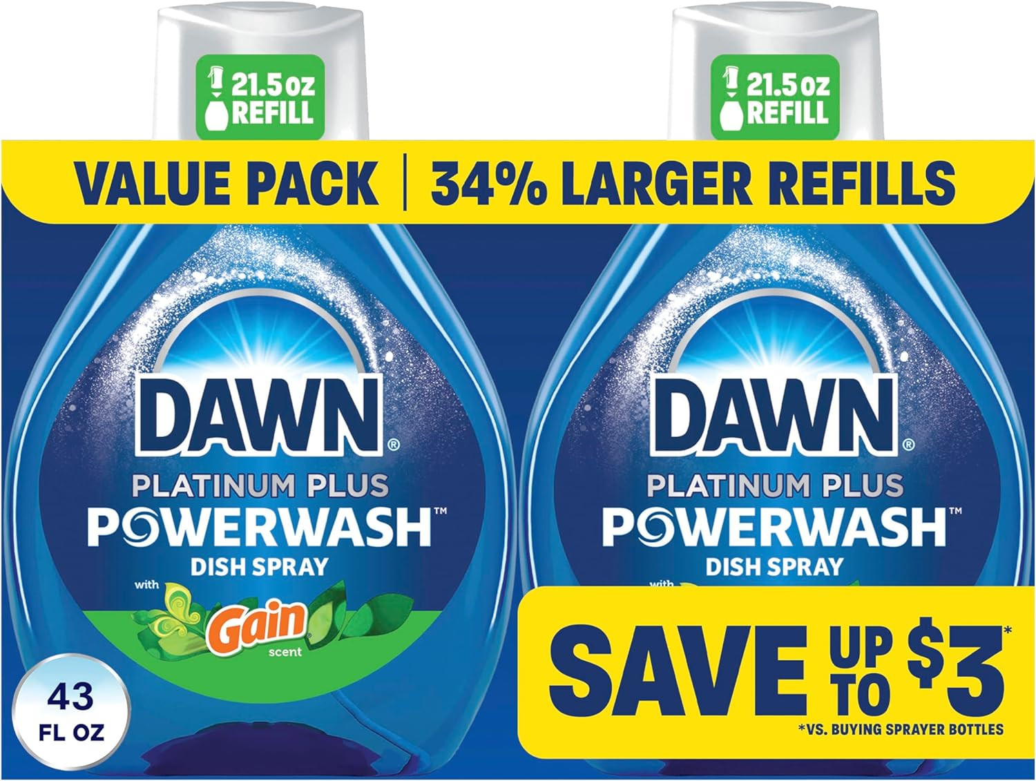 Powerwash Gain Original Dish Spray, Liquid Dish Soap 2 Refills, 43 Fl Oz