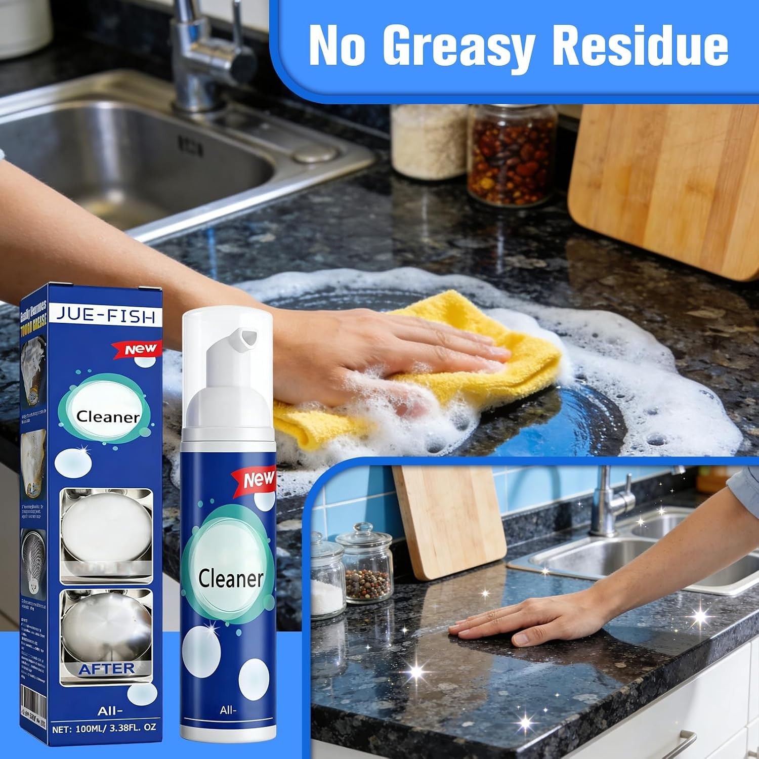 2 Pack Foaming Heavy Oil Stain Remover Rinse Free Kitchen Grease Cleaner Spray