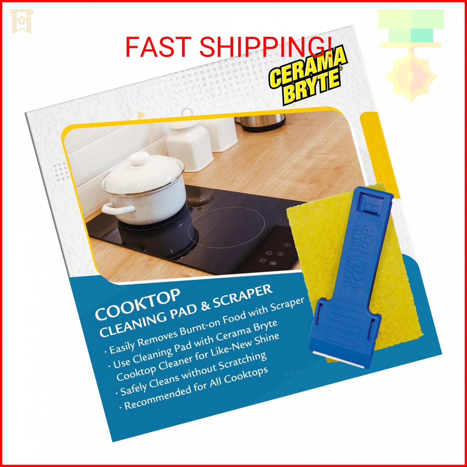 Cerama Bryte 1 x Scraper & 1 x Pad Kit Cooktop and Stove Top Cleaner for Glass –