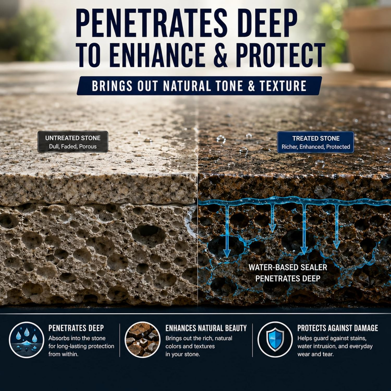Color Enhancer Sealer for All-Natural Stone and Pavers. Marble, Travertine, Lime