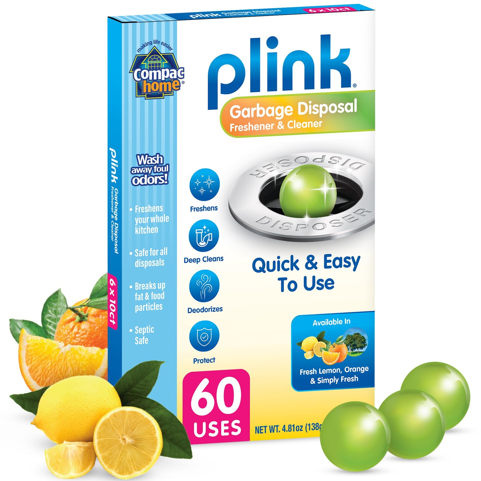 Plink Garbage Disposal Cleaner Deodorizer 60 Count Value Pack Assorted Scents