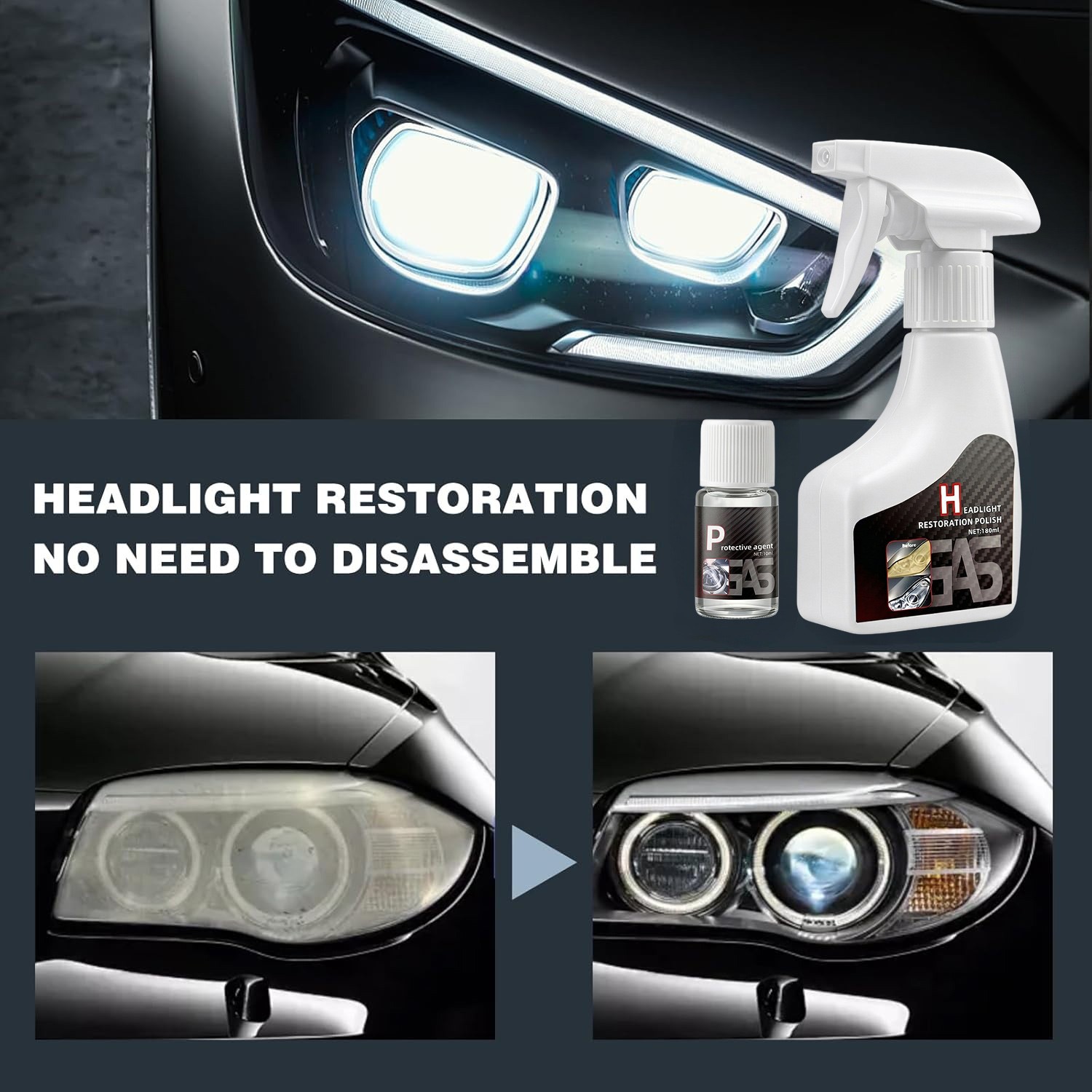 Automotive Headlamp Restoration Fluid Kit 180ml Headlight Polishing Cleaner Kit