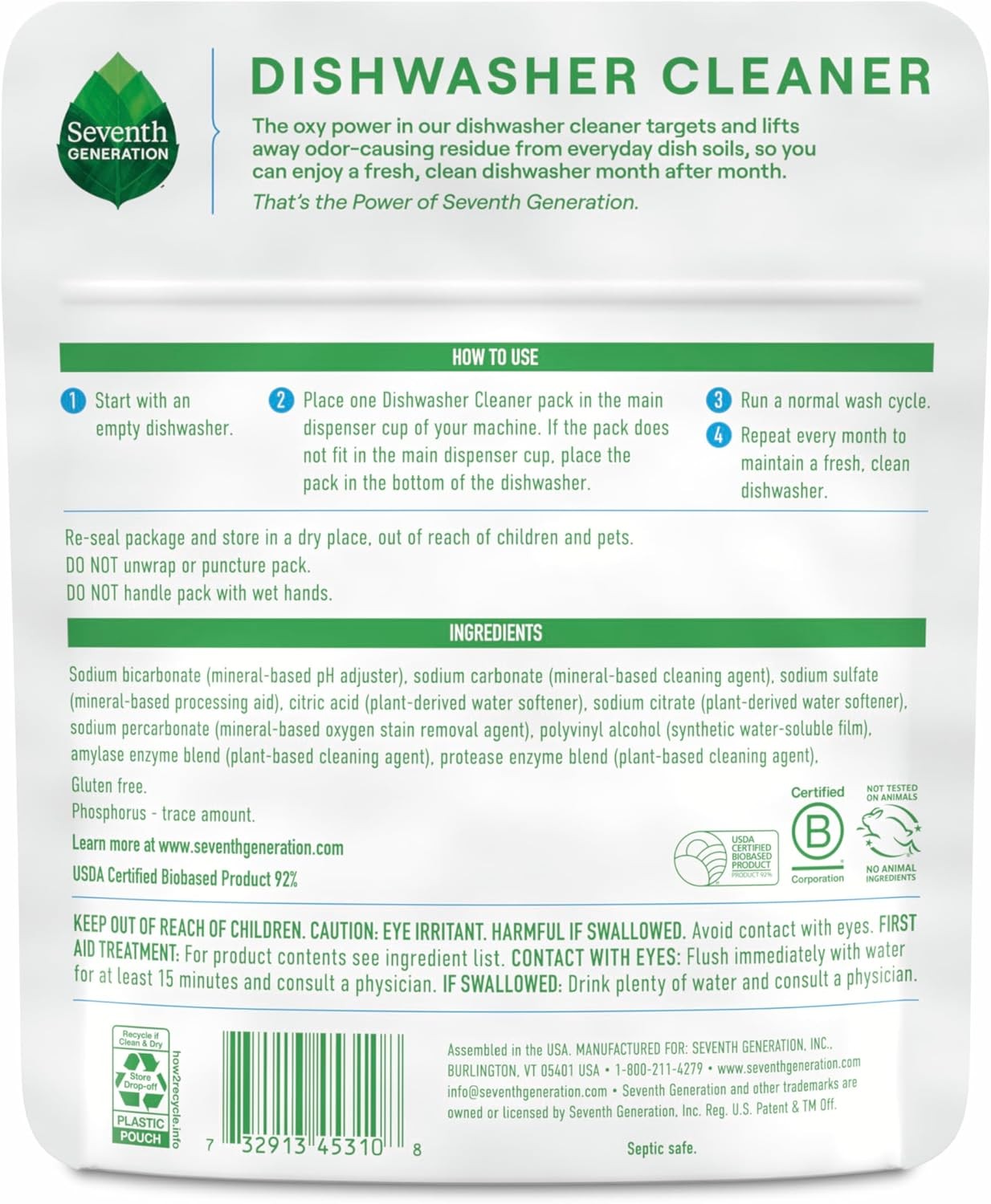 Seventh Generation Dishwasher Cleaning Packs 6 Count Free & Clear Removes odor-c