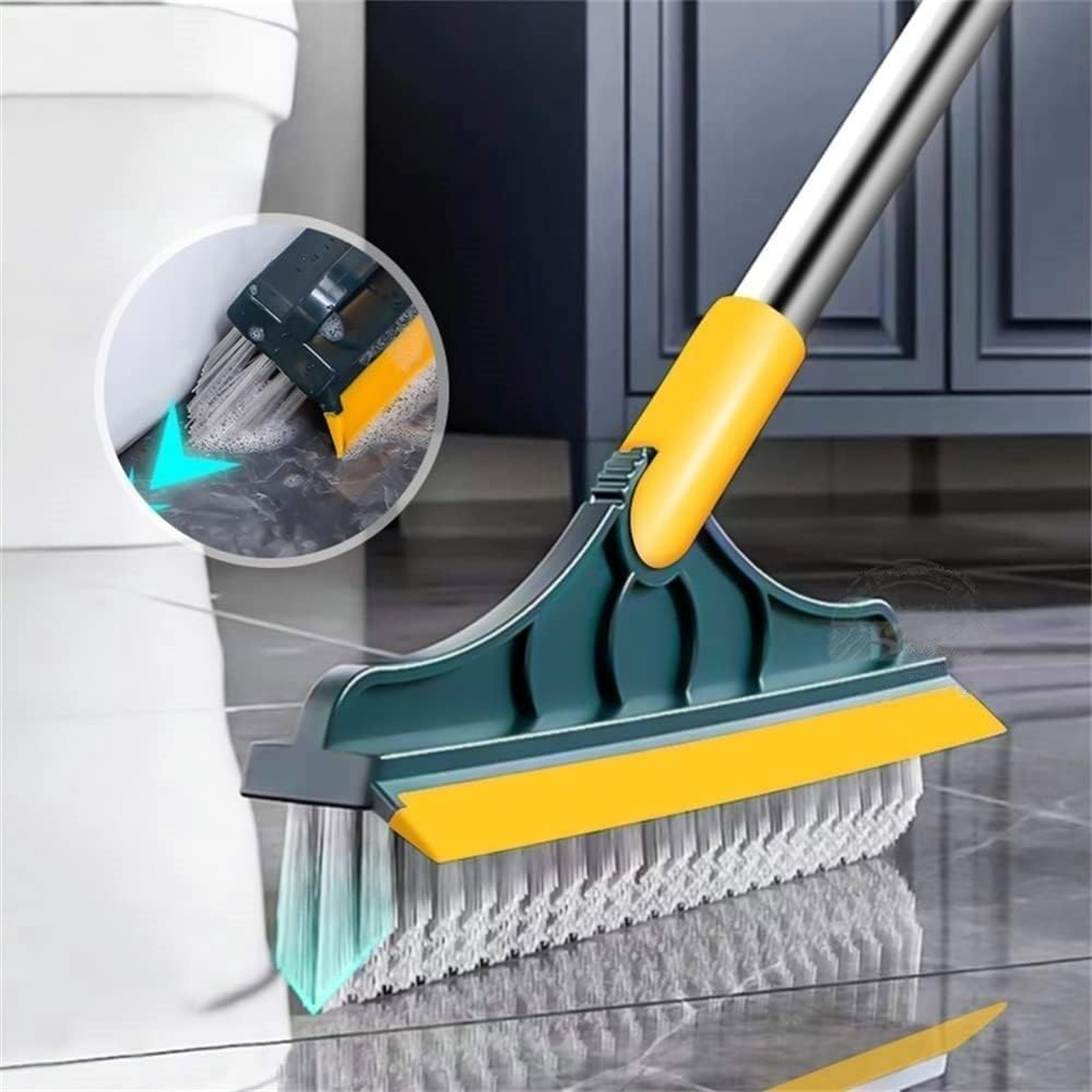 Floor Scrub Brush with Squeegee and Long Handle 51.4 Inches Stiff Bristles Grout