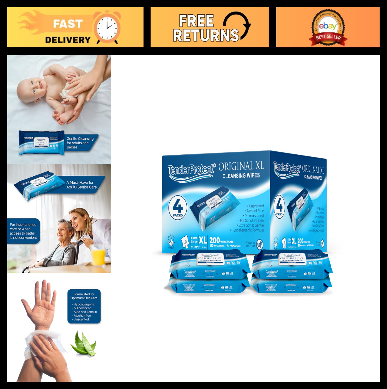 Extra-Large 200 Ct Wet Wipes with Aloe – Premium Adult & Baby Cleaning Cloths
