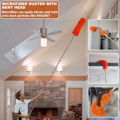 High Reach Cleaning Kit Duster 20 Ft Pole Microfiber Ceiling Fan Cobweb Feather