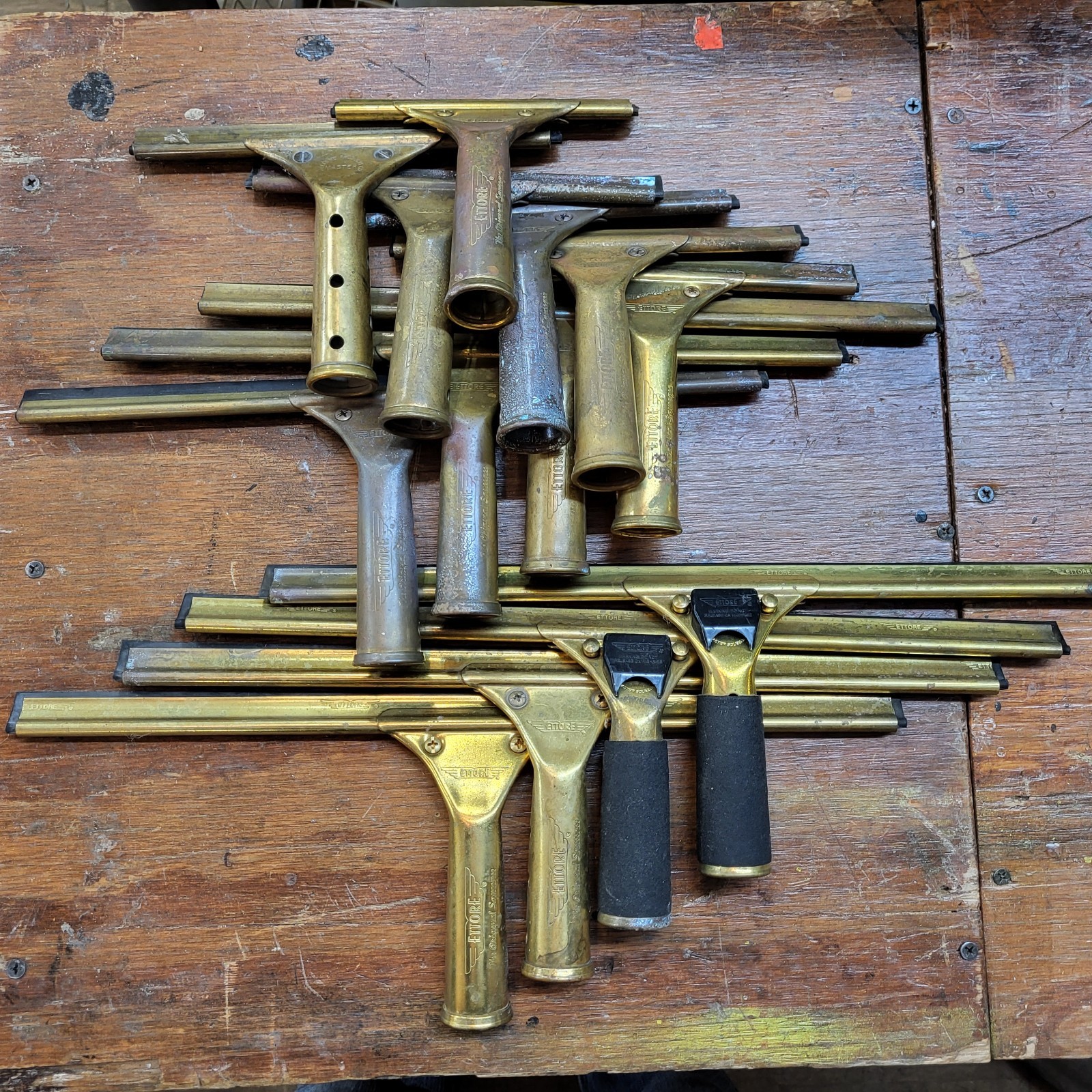 Huge Vtg Ettore Master Squeegee Brass Lot (13) Various Sizes 16″ 14″ 8″ 6″ GUC