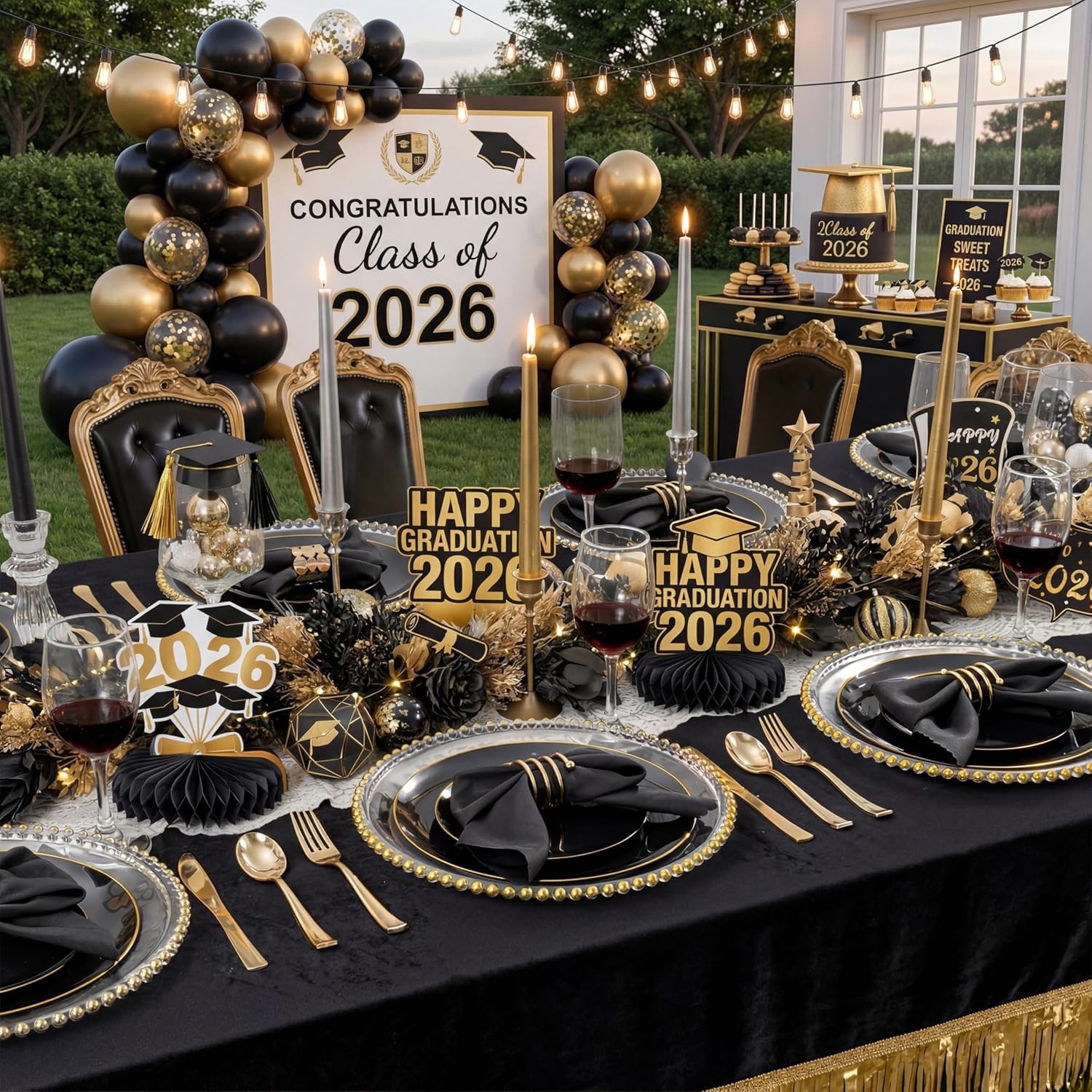 KIRE 350 PCS Plastic Dinnerware Set for 50 Guests – Black and Gold Plates 50 f