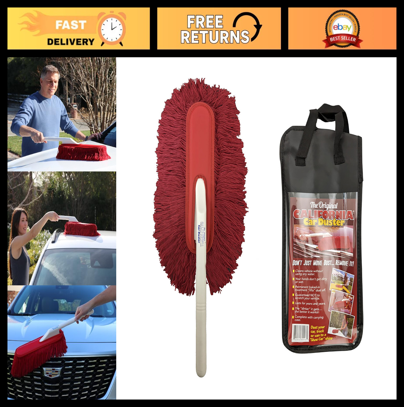 “Car Duster with Plastic Handle & Red Cotton Mop – Quickly Removes Dust & Dirt”