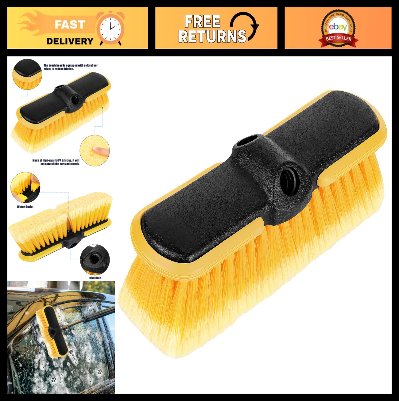 10″ Car Wash Brush Head – Scrub Attachment for Long Handle Pole, Outdoor Cleanin