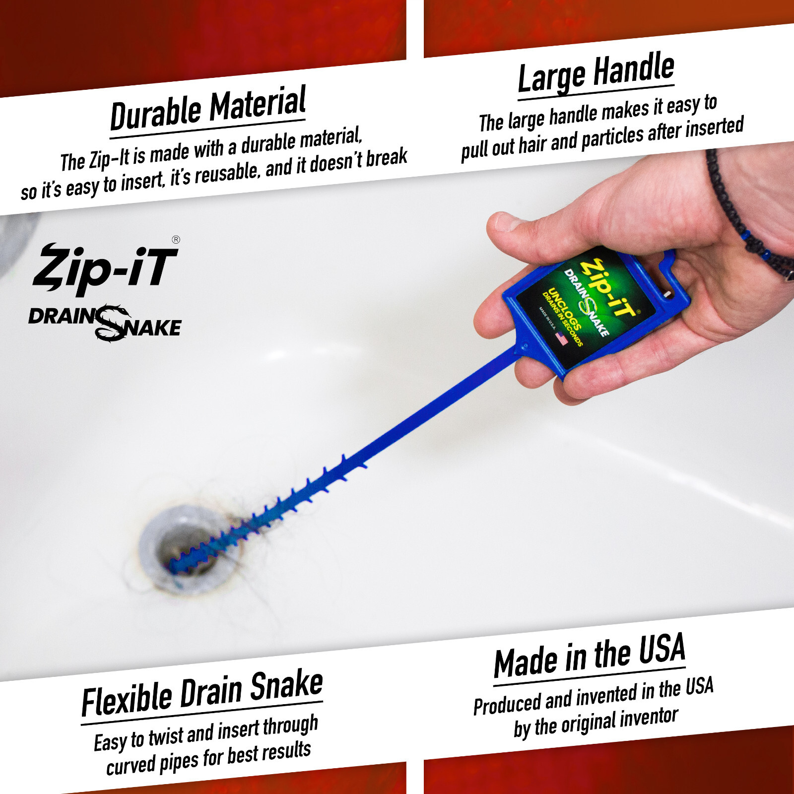 ZIP IT DRAIN CLEANER, 3-Pack Plastic Drain Stick Hair Clog Remover, drain snake