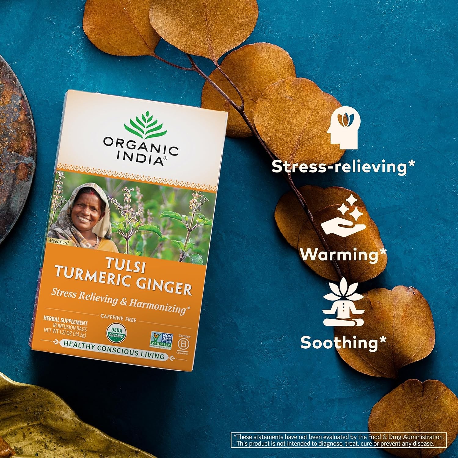 ORGANIC INDIA Tulsi Turmeric Ginger Herbal Tea – Stress Relieving & Harmonizin