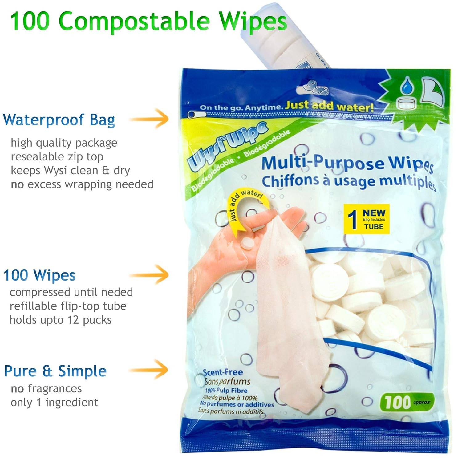 Compressed Cleaning Wipes 100ct Just Add Water Biodegradable Travel Unscented