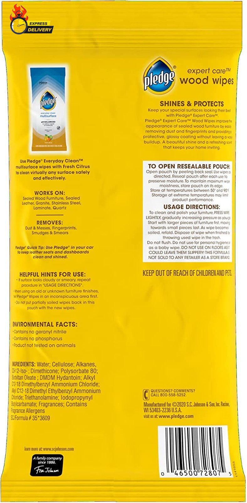 Expert Care Wood Wipes, Shines and Protects, Removes Fingerprints, Lemon Scent,