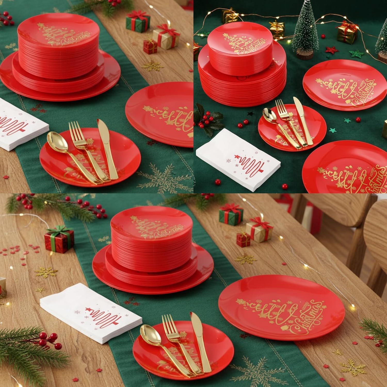 Shellwei Christmas Plastic Dinnerware Set, Xmas Disposable Plates Includes 40