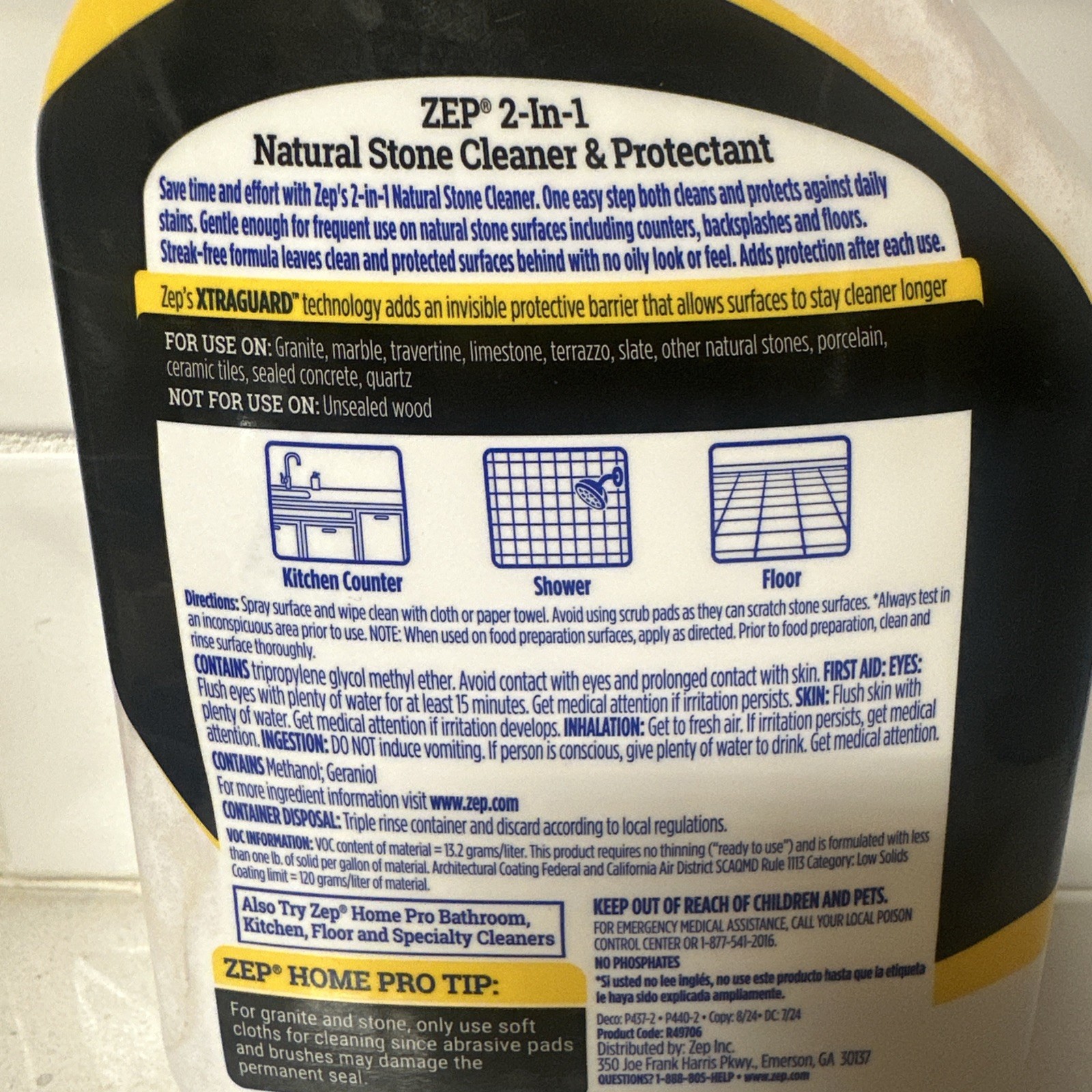 ZEP Home Pro 2 in 1 Marble Granite Cleaner & Protectant 24 Oz Eucalyptus Lemon