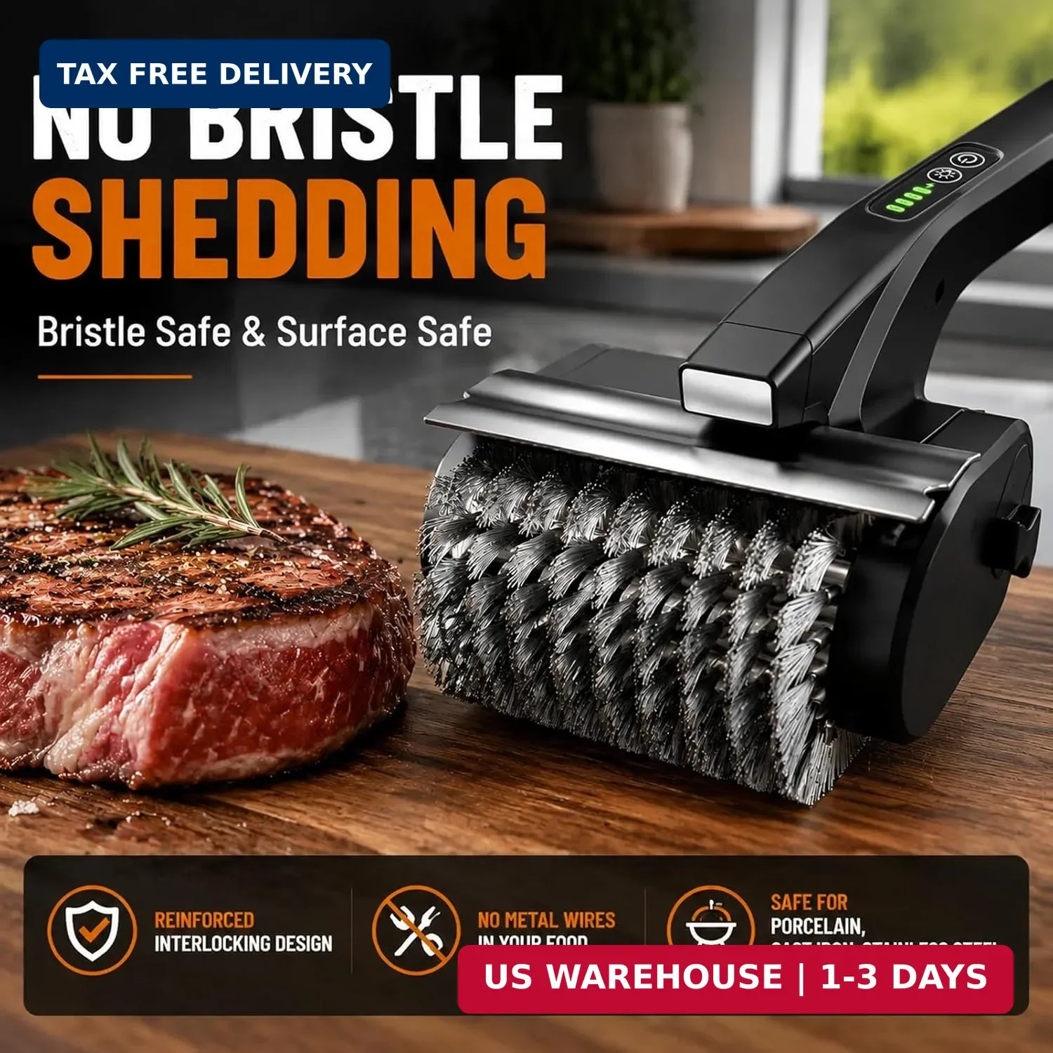 Cordless BBQ Grill Cleaner Brush w/ Splash Guard Heavy Duty Outdoor Scrubber