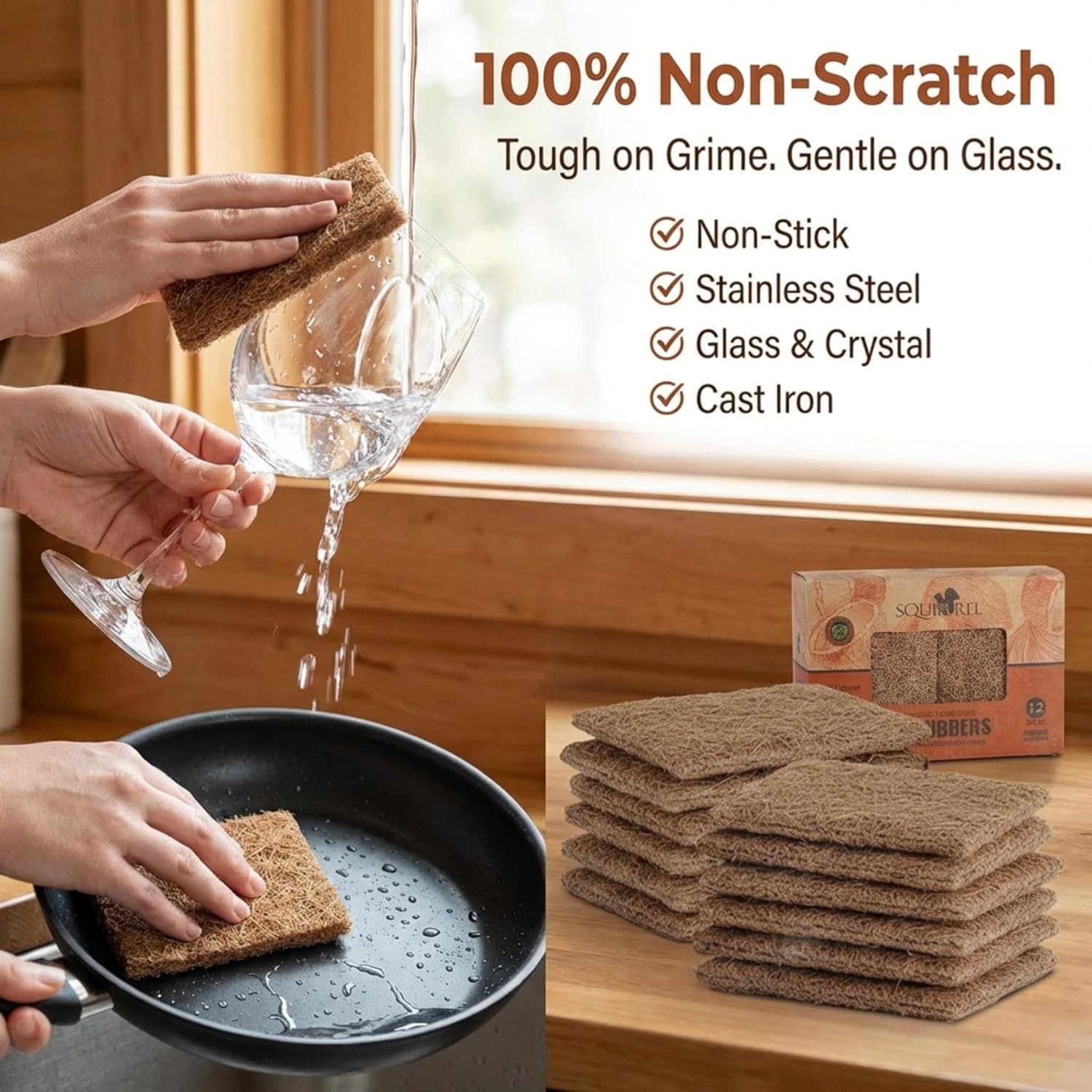 Natural Coconut Coir Fiber Kitchen Scrubbers 12 Pack Biodegradable Non Scratch