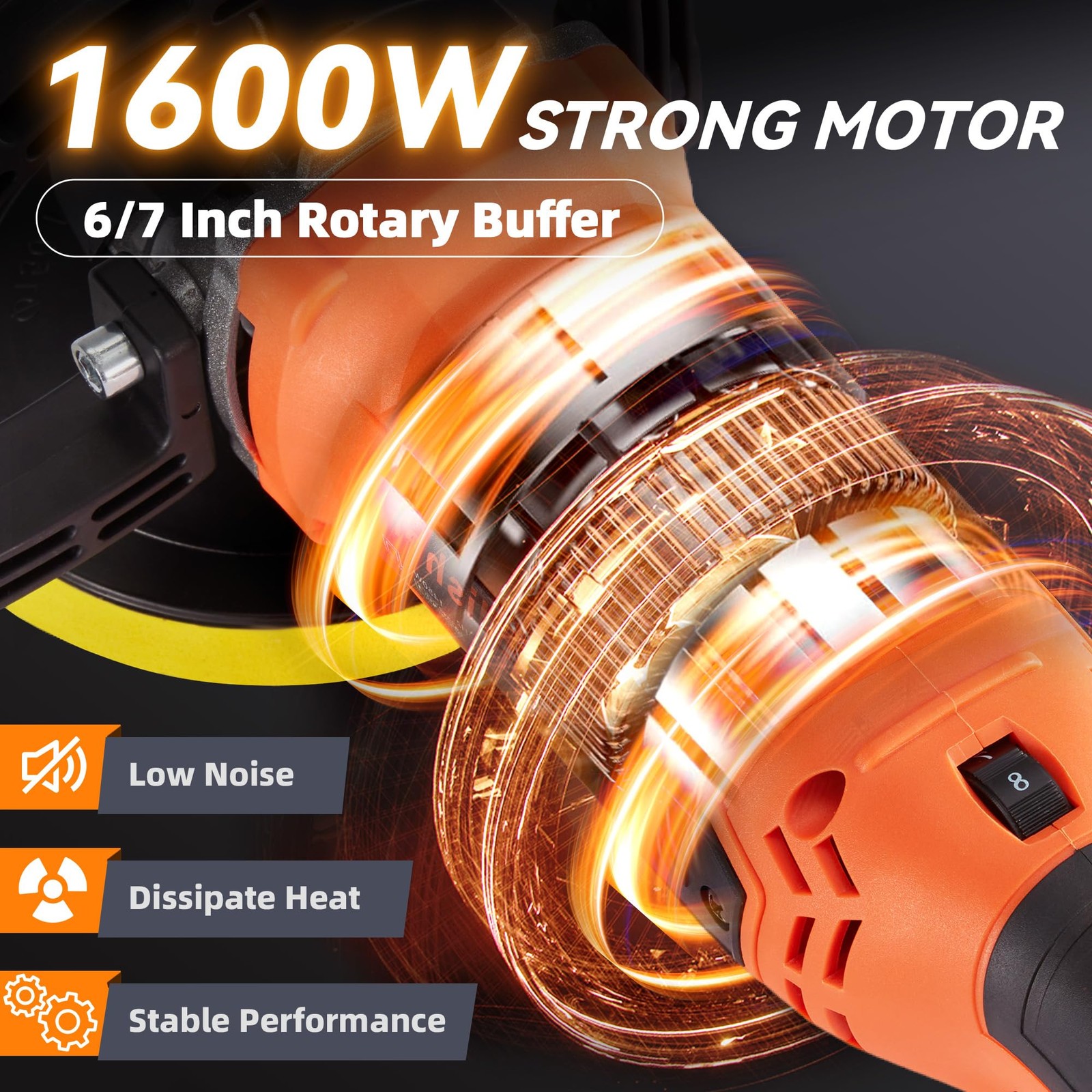 Buffer Polisher, 1600W 7 in 6 in Rotary Waxer, 8 Variable Speeds 500-3600 RPM