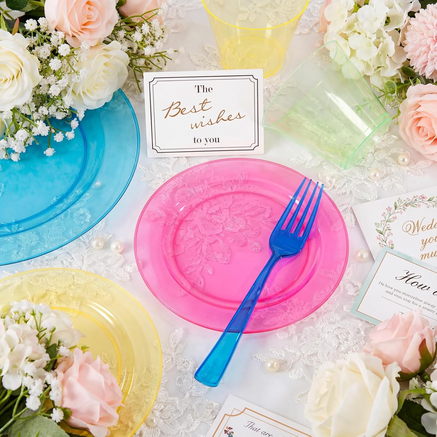 Supernal 216pcs Plastic Dinnerware Set include Rainbow Disposable Plates for P