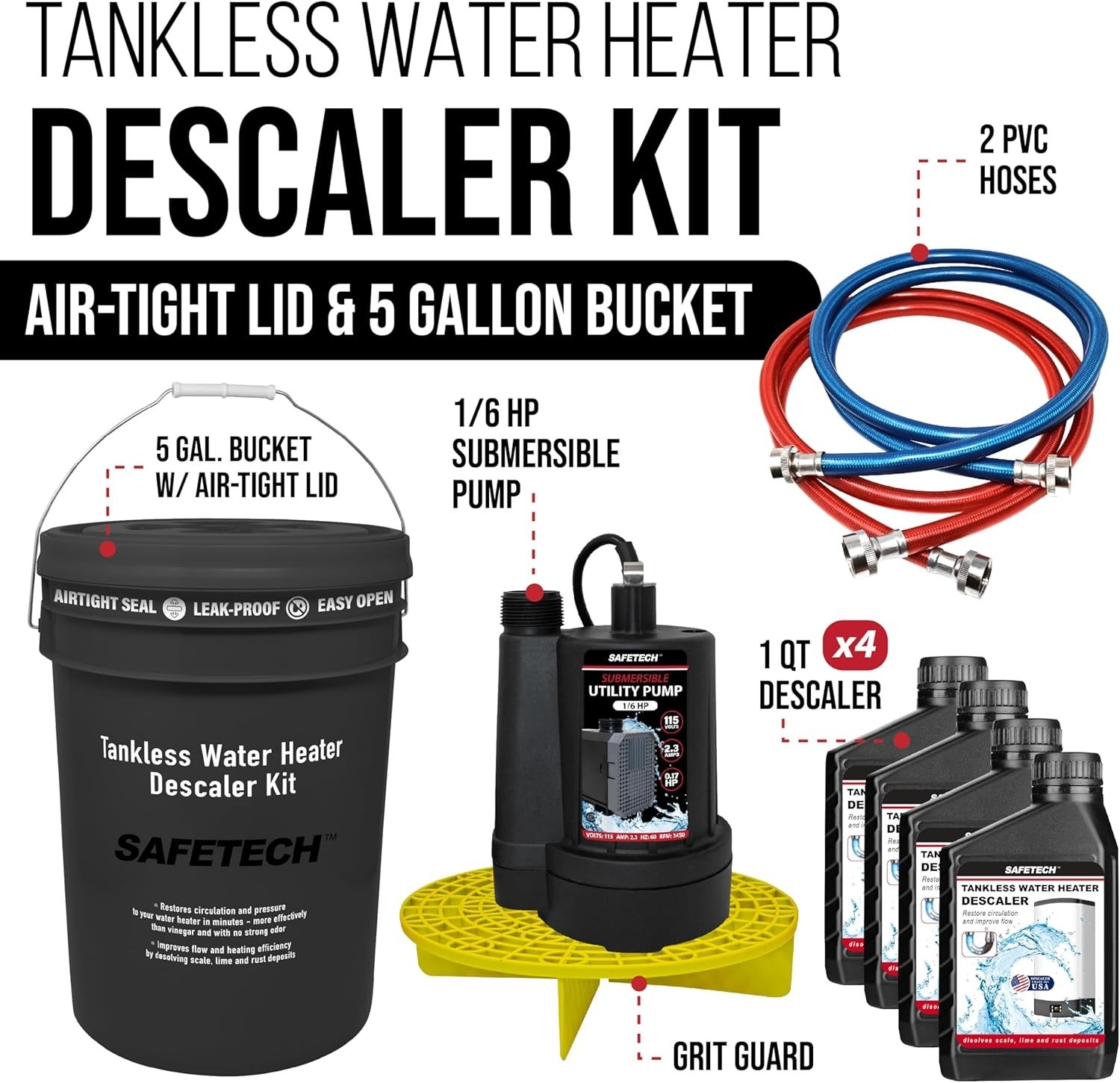 Tankless Water Heater Flushing Kit, 5-Gallon Screw-Top Lid, 4 Quarts Descaler