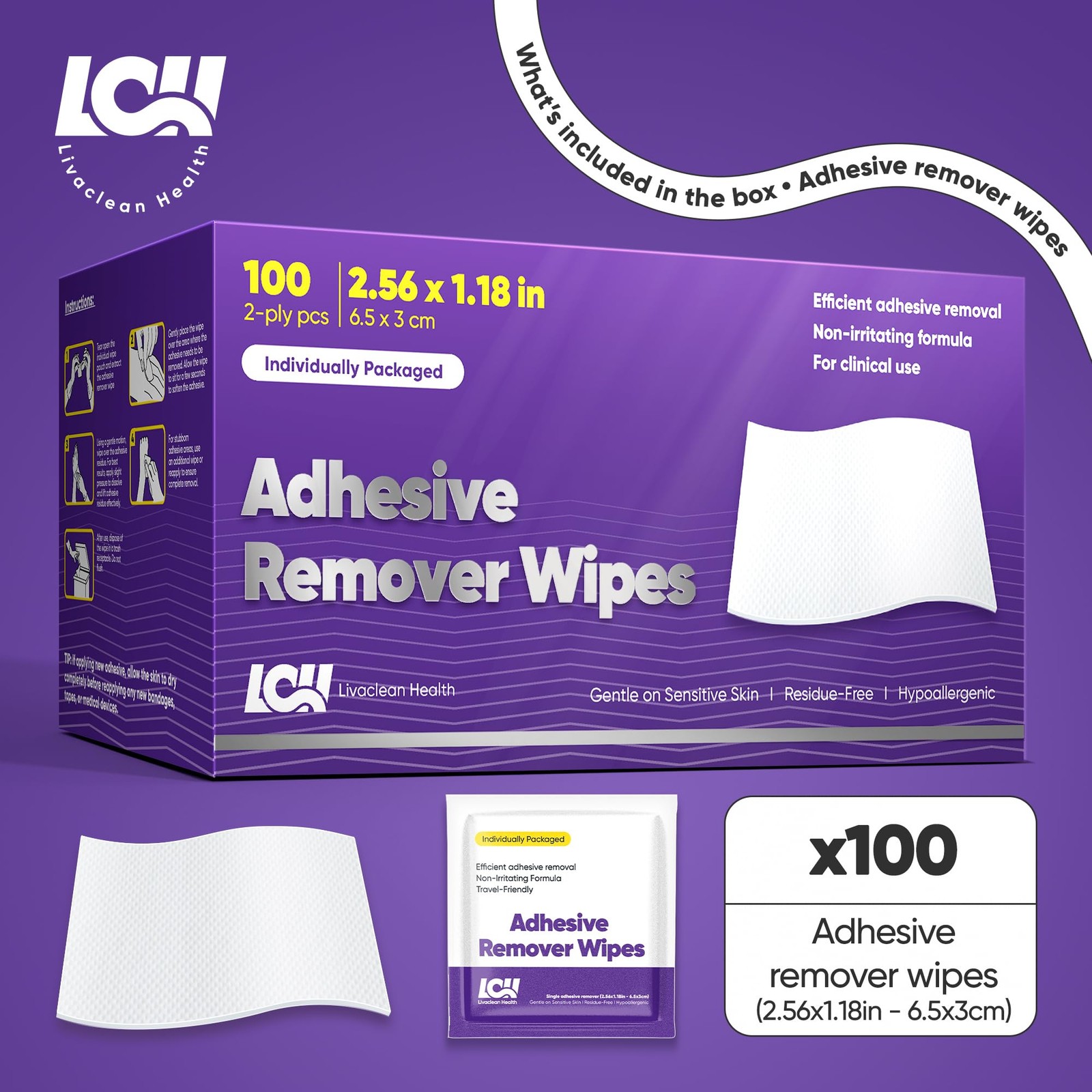100 CT Adhesive Remover Wipes – Sting-Free & Gentle – Skin Adhesive Remover