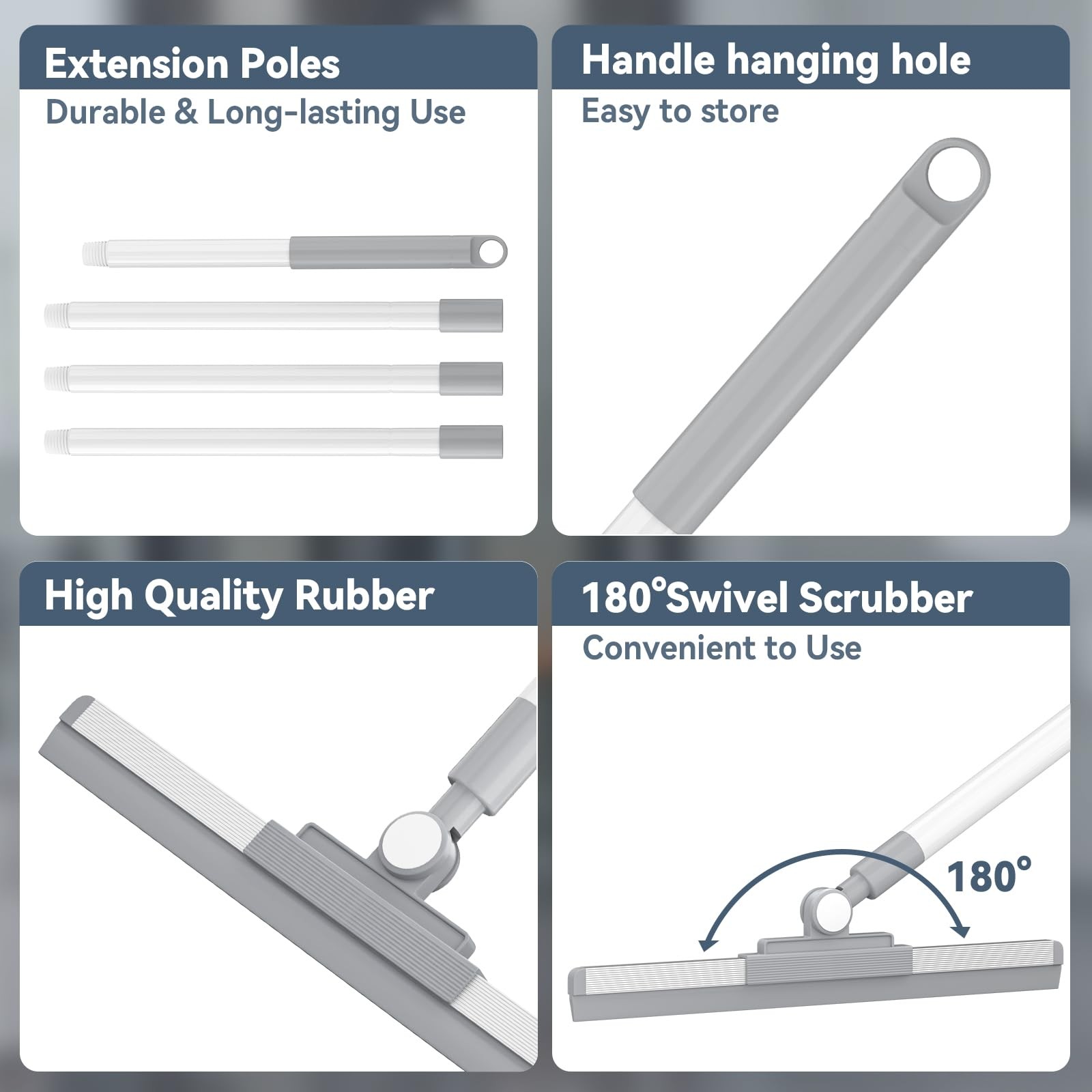 Floor Squeegee with 180° Rotating Head, Squeegee for Floor with 52” Long Handle