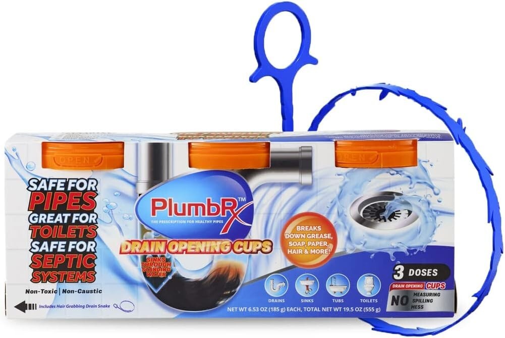 PlumbRx Drain Opener Powder (Hair Drain Clog Remover)+ Hair Snake, 3 CUPS