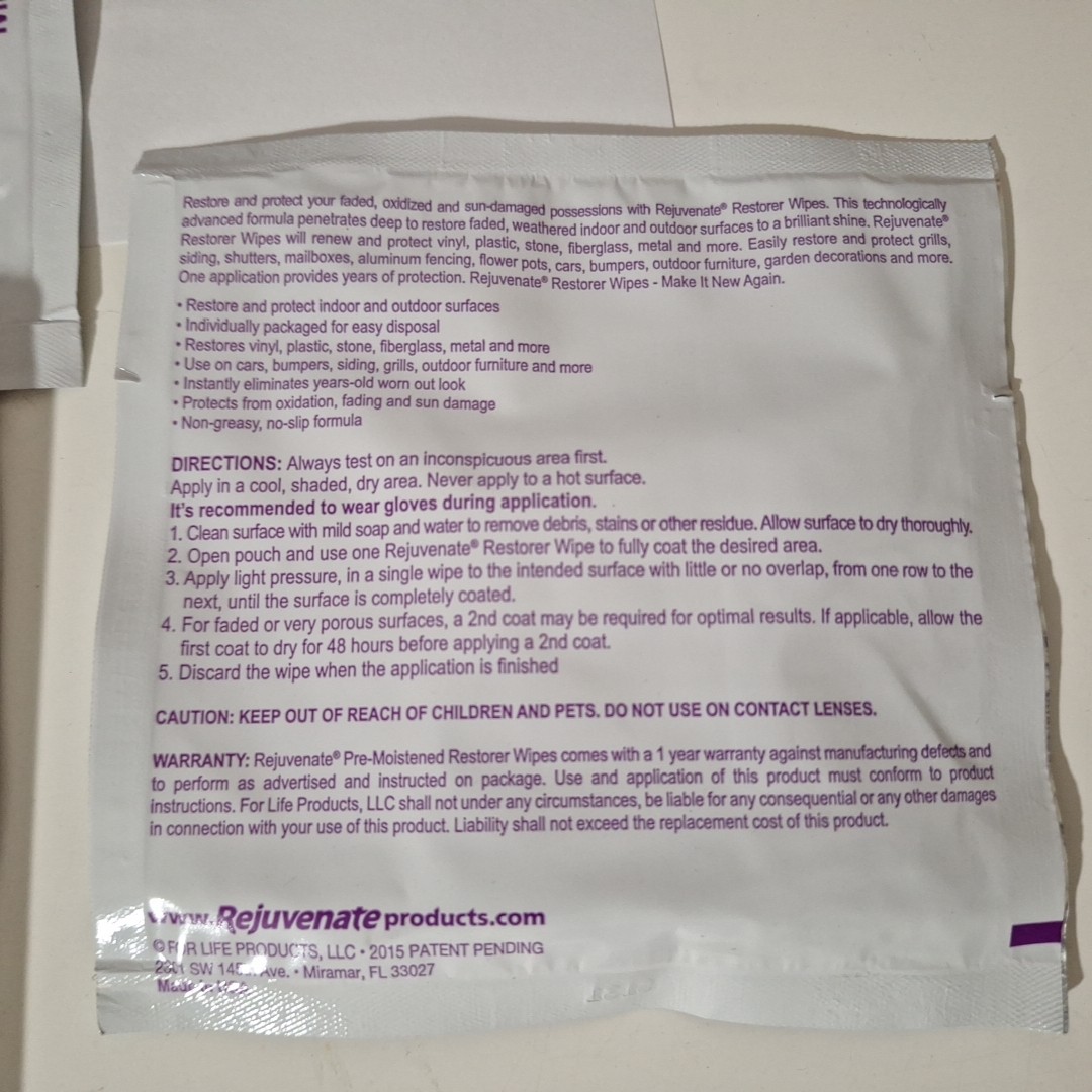 Rejuvenate 5 Restorer Wipes Indoor Outdoor Multi Surface Vinyl Pastic Stone Meta