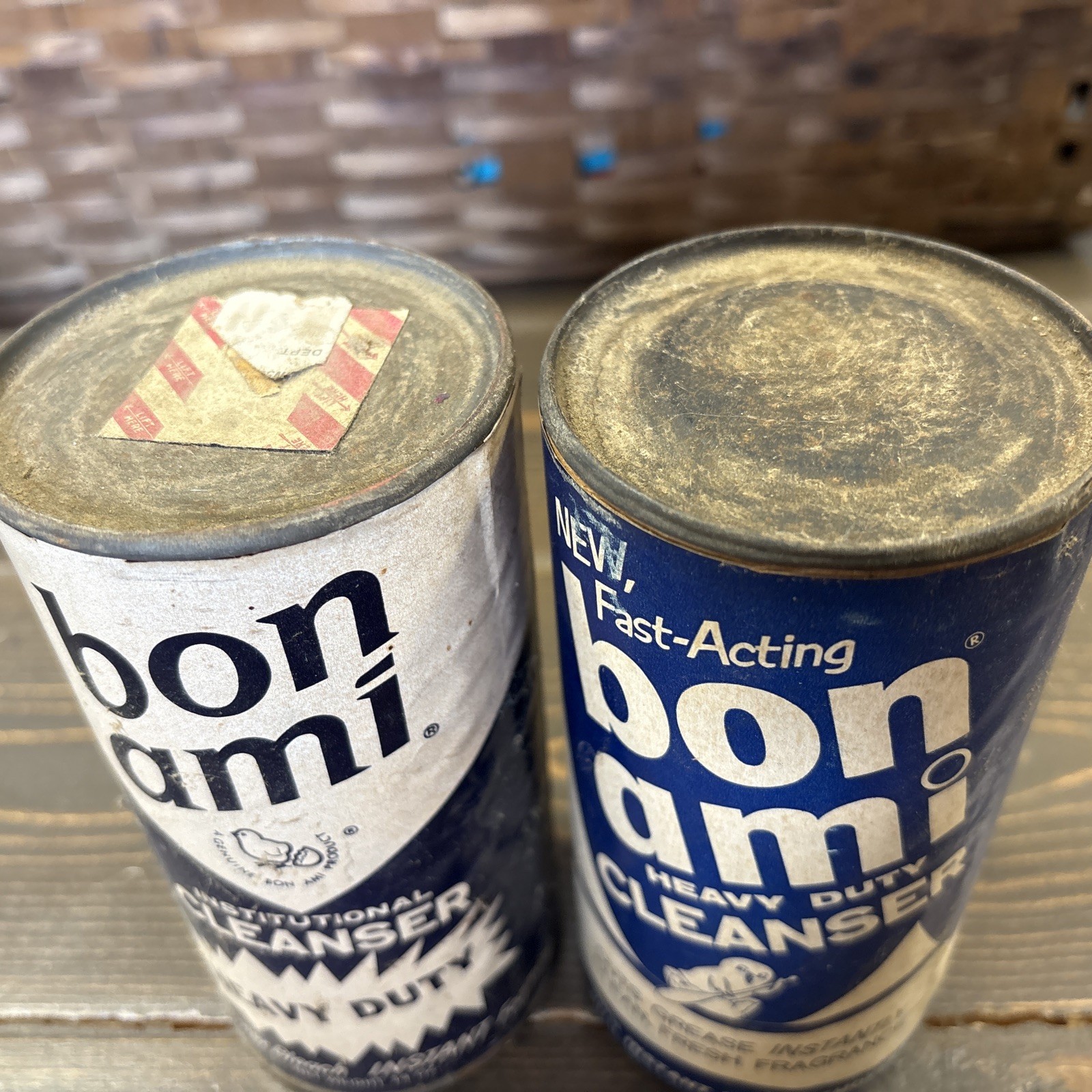 2- 1950s Bon Ami Cleanser Cans Institutional Cleanser Blue Advert Vintage FULL