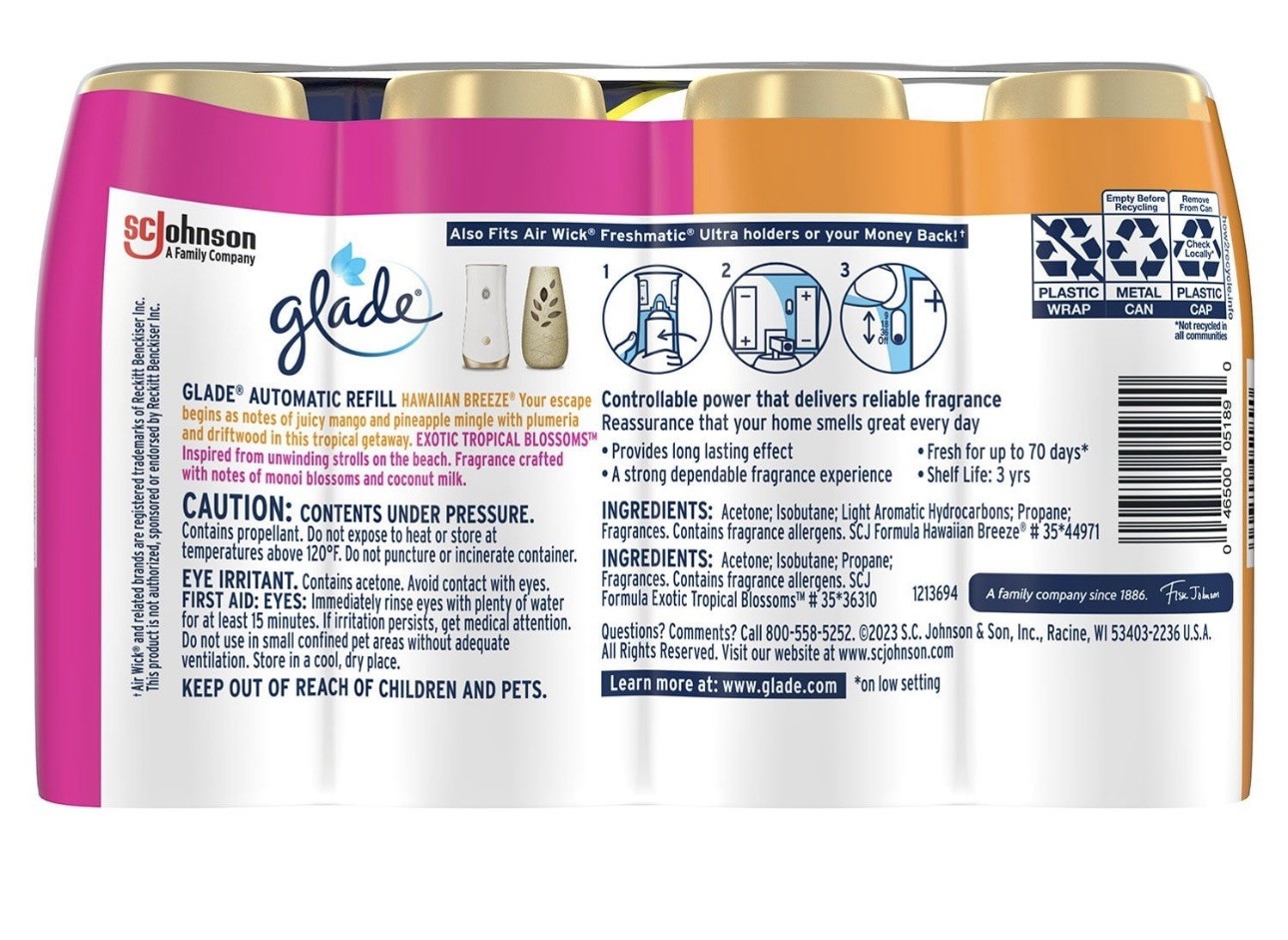 HAWAIIAN BREEZE/BLOSSOMS GLADE AUTOMATIC SCENTED SPRAY CANS, (4-6.2 oz REFILLS)