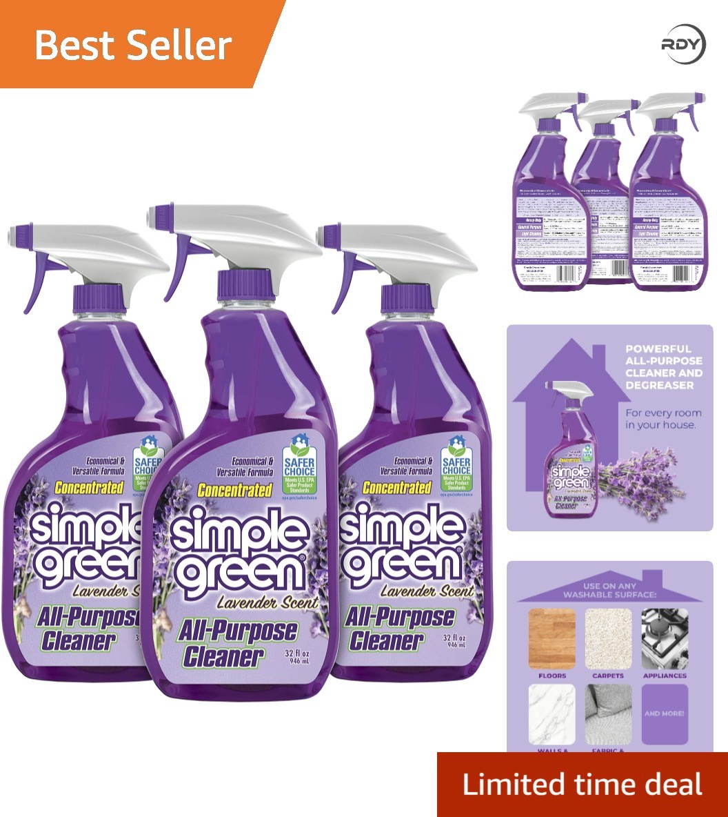 Lavender All-Purpose Cleaner, 32 Fl Oz (Pack of 3) – Concentrated Cleaning Power