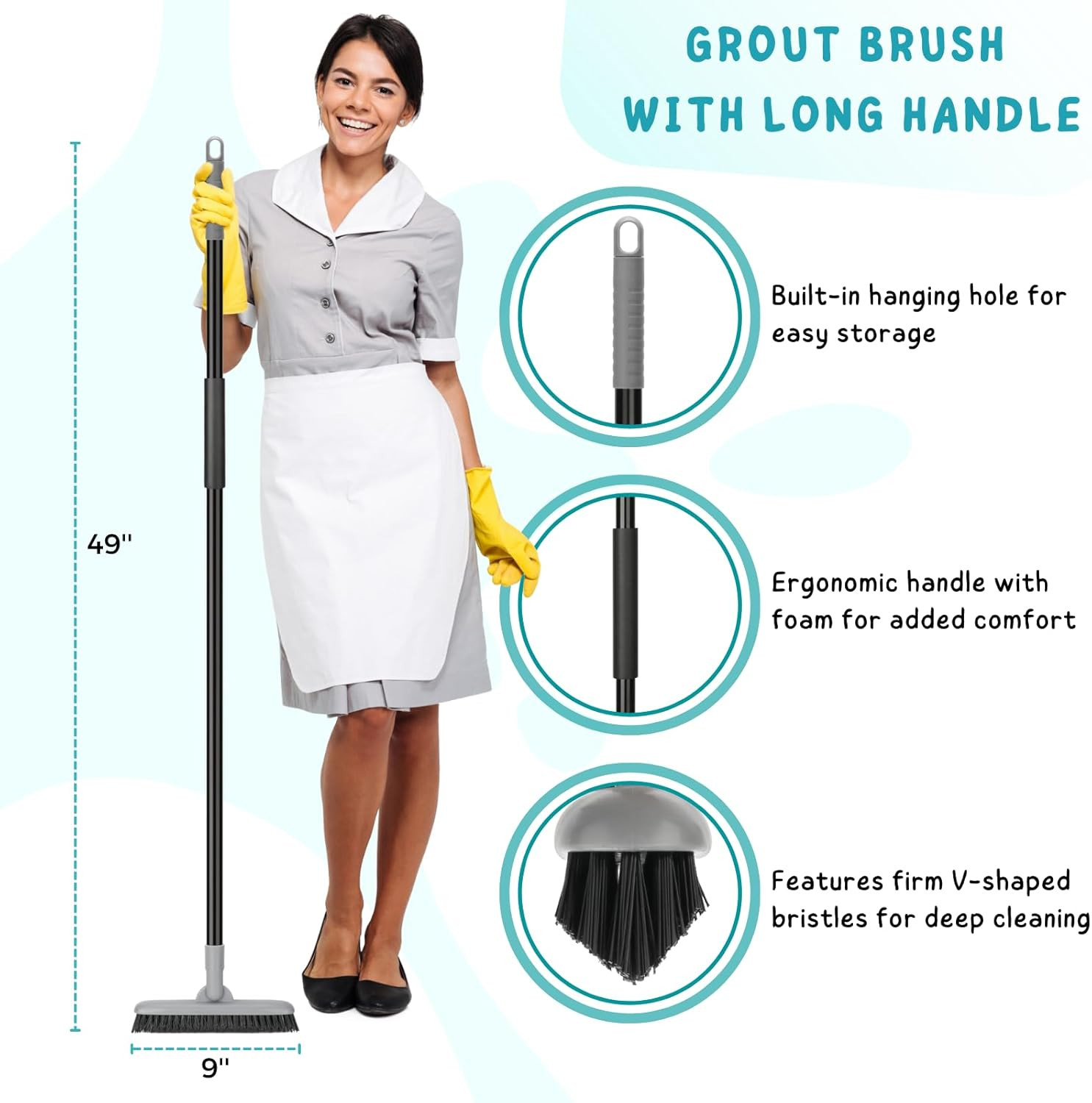 Grout Brush with Long Handle, 49” Tile Cleaner Tool for Shower, Floors Scrubber
